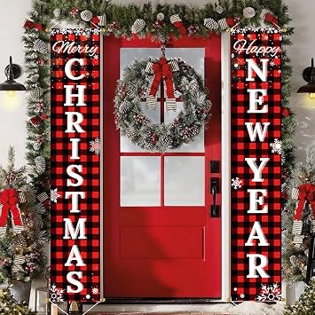 Merry Christmas & Happy New Year Decorations, Red Black Buffalo Plaid Banner, 2 Pcs Front Porch Sign Set, Indoor Outdoor Yard Wall Home Decor