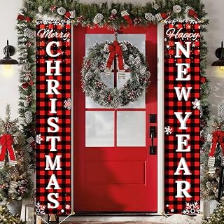 Merry Christmas & Happy New Year Decorations, Red Black Buffalo Plaid Banner, 2 Pcs Front Porch Sign Set, Indoor Outdoor Yard Wall Home Decor