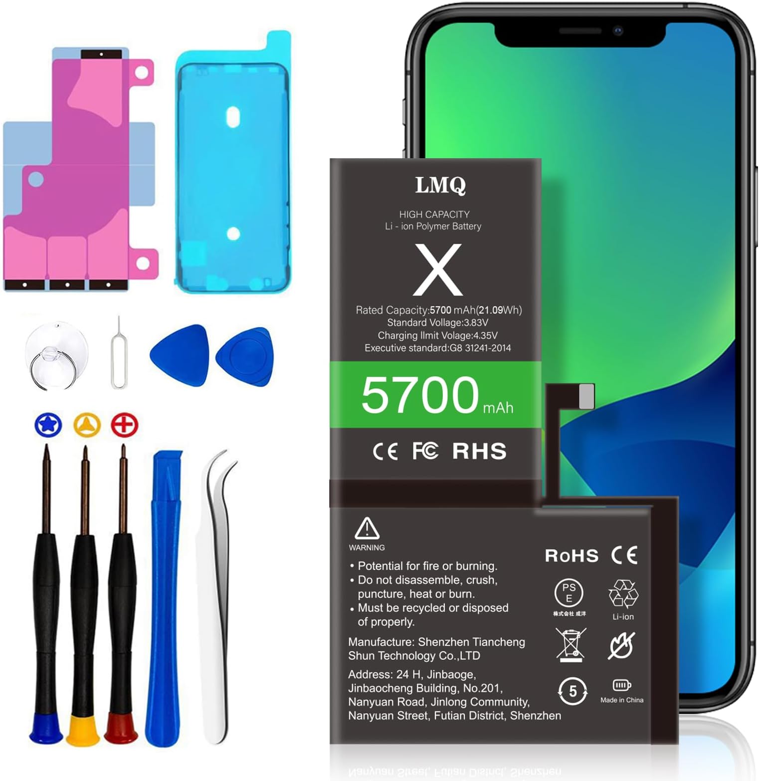 LMQ 5700mAh Super Capacity Battery Compatible with iPhone X, 0 Cycle Li-Polymer Replacement Battery for iPhone X （Model A1865, A1901, A1902） with Repair Tool Kit+Adhesive
