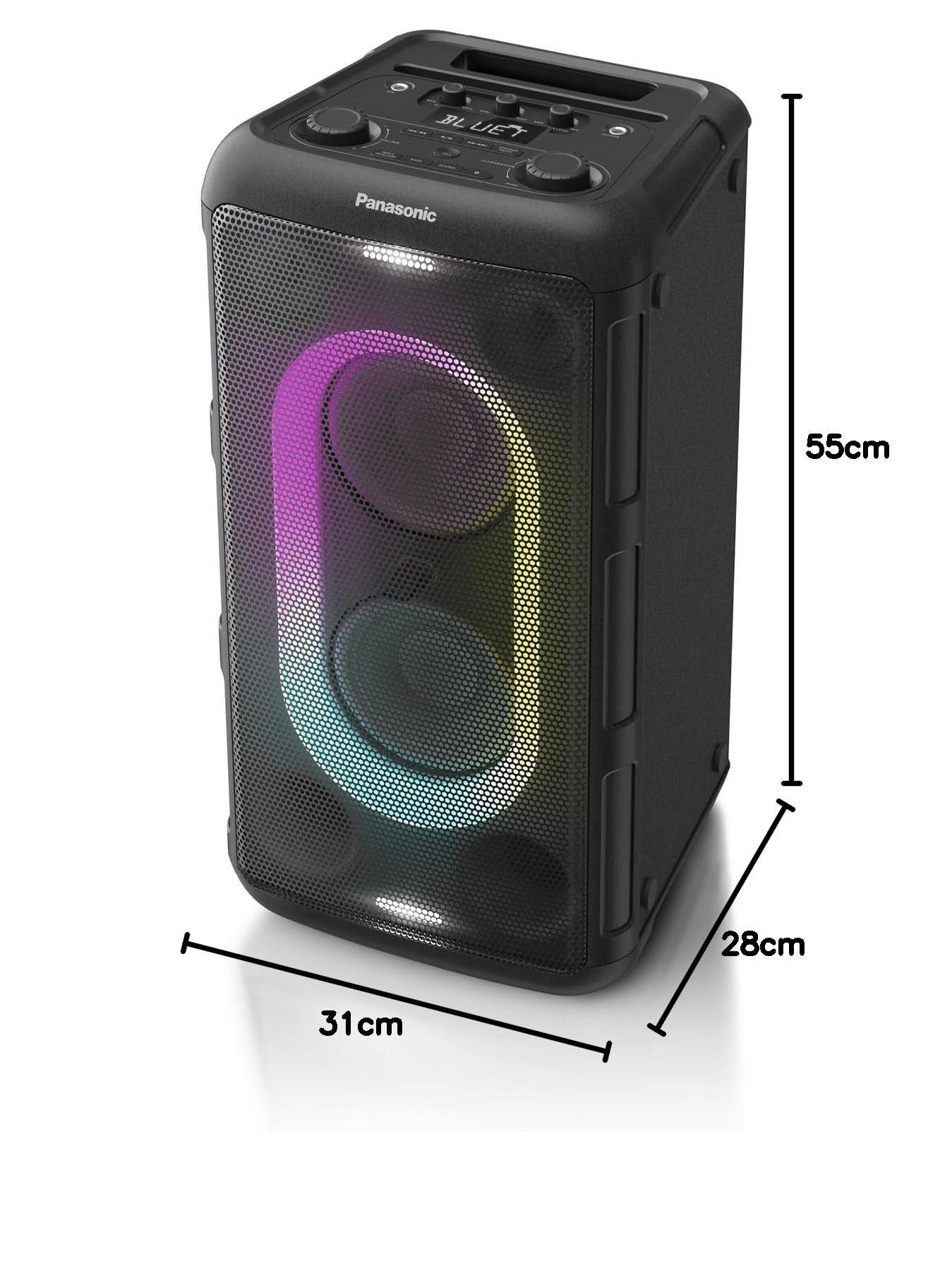 Panasonic SC-BMAX10E-K Tragbarer Party-Lautsprecher mit Bluetooth, integrierter Beleuchtung, 150 W, USB, optischem Eingang für TV, Gitarren- & Mikrofoneingängen für Karaoke, Schwarz
