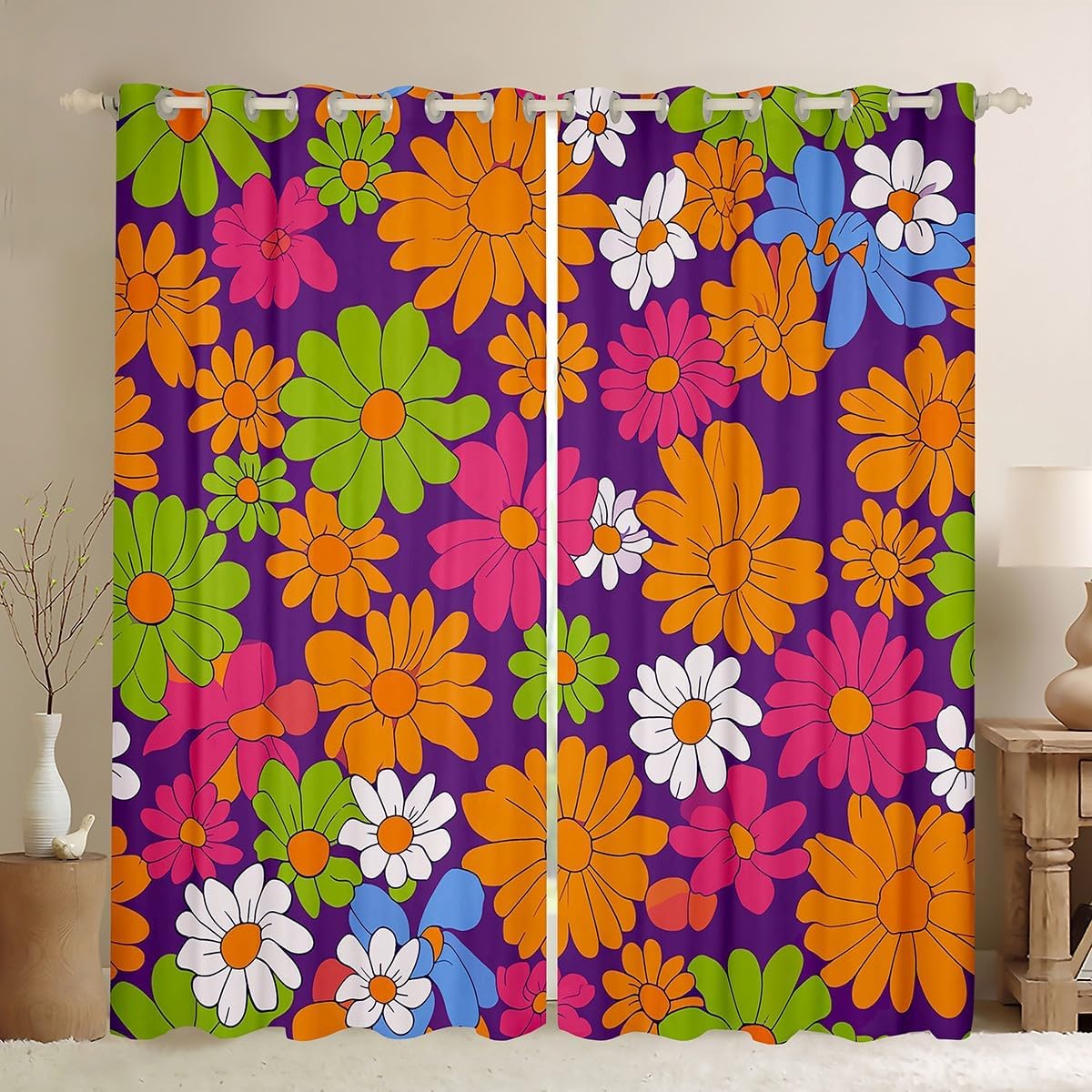 Colorful Vintage Floral Curtains Drapes 38"Wx45"L,Girls Groovy Flowers Window Curtains Women Hippie 60S 70S Flowers Curtains Psychedelic Botanical Window Treatments 2 Panels Aesthetic Room Decor
