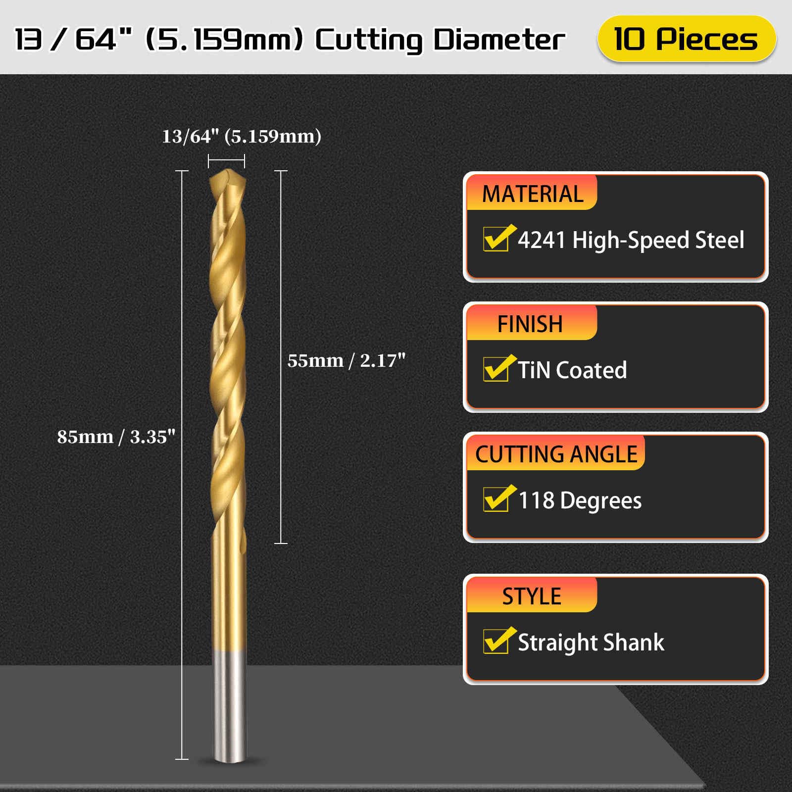 CoCud 5.2mm Drill Bit, 13/64" Cutting Diameter, 4241 HSS TiN Coated 118° Cutting Angle Versatile Jobber Bits - Image 2