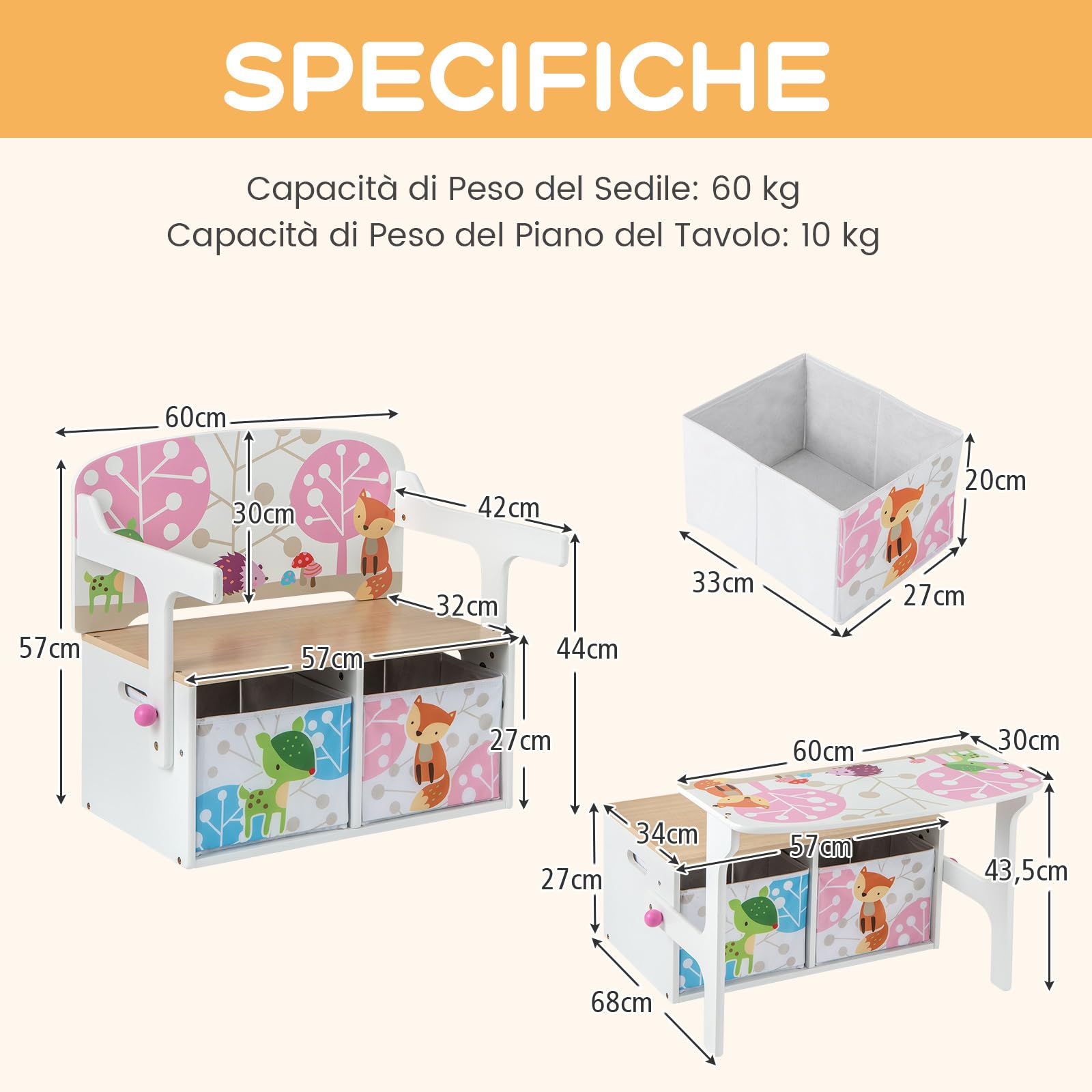RELAX4LIFE Set Tavolo e Sedia per Bambini 3 in 1, Cassapanca Convertibile Senza Attrezzi con 2 Cesti Portagiocchi e Scrivannia con Sedie, Bianco