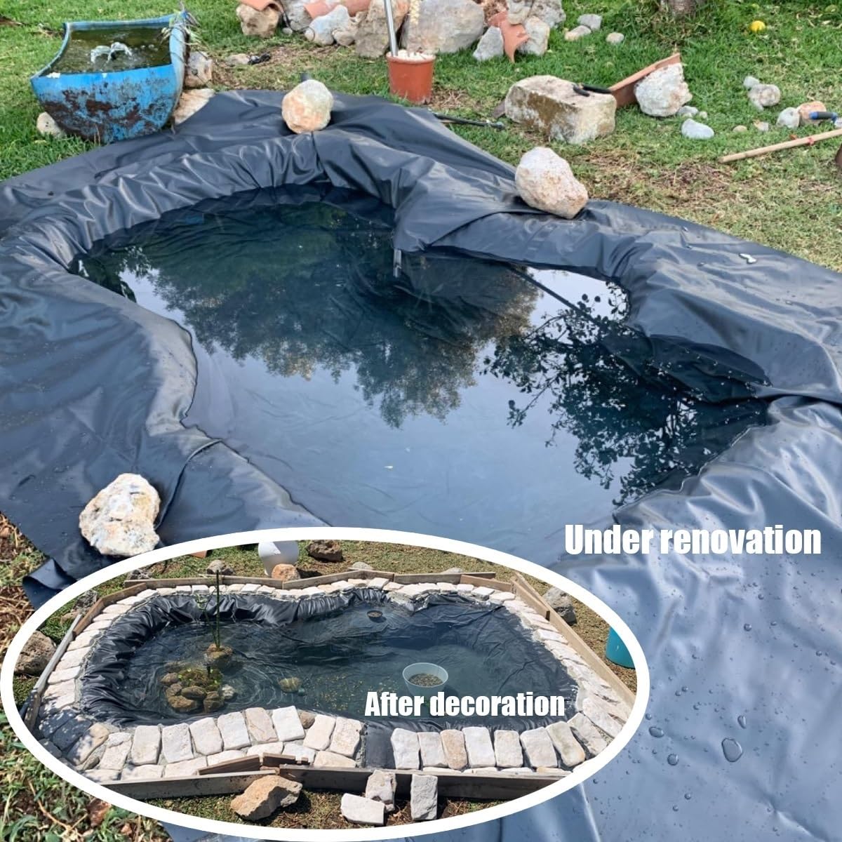 Este Revestimiento Impermeable para estanques de koi de 6x9 m es un Revestimiento Duradero para Arroyos, Fuentes y paisajismo.