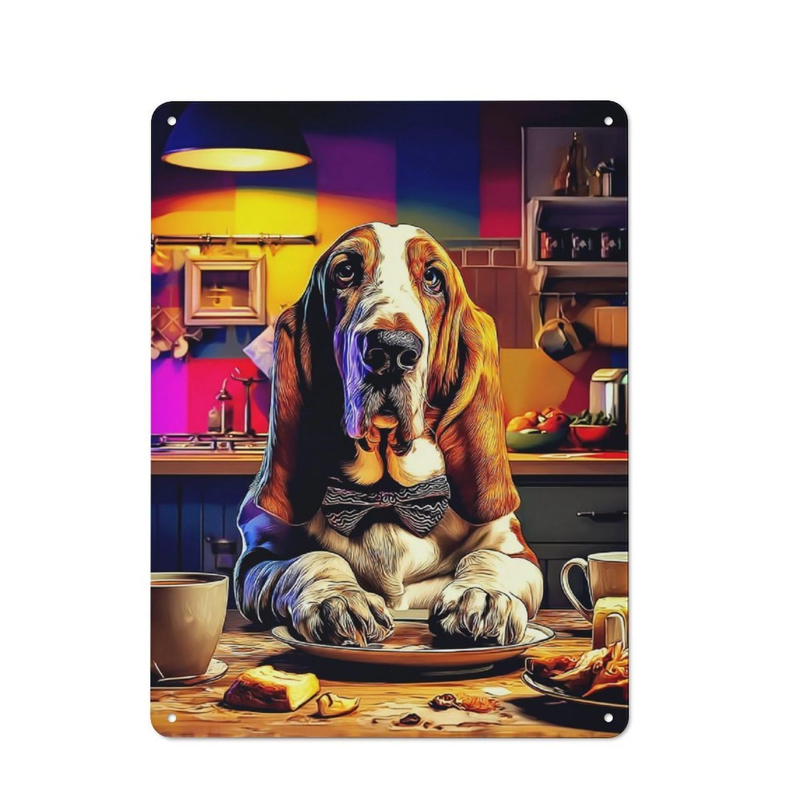 Junmoney Colorful Basset Hound In Kitchen Smart Metal Desk Wall Sign 40X30cm, Creative Space Decor For Workspace, Cafe, Shop Or Desk Area