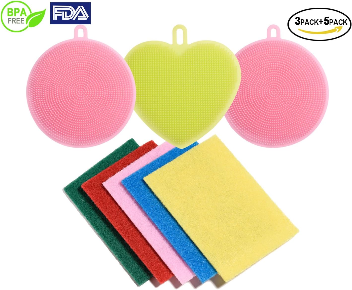 Food Grade Silicone Dish Scrubbers Antibacterial Brushes Multi-purpose Cleaning Brushes Kitchen Sponges for Washing Glass Bottle Pot Pan Fruit and Vegetable 8 Pack (8 pack multi-shape in multi-color)