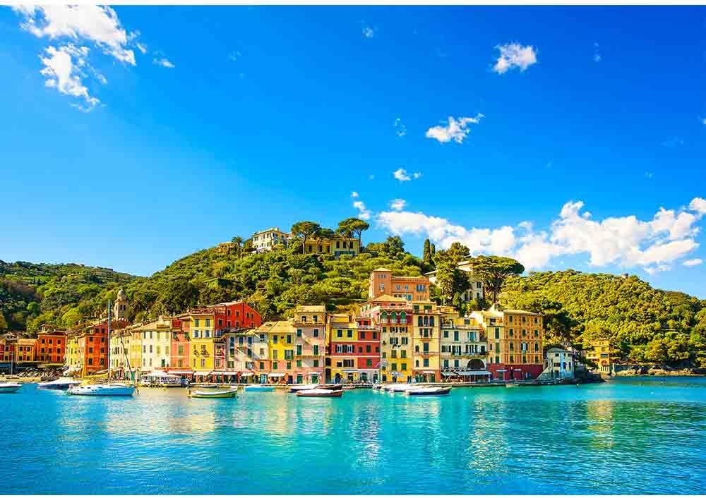 wall26 - Portofino Luxury Landmark Panorama Village and Yacht in Little Bay Harbor Liguria, Italy - Removable Wall Mural | Self-Adhesive Large Wallpaper - 100x144 inches
