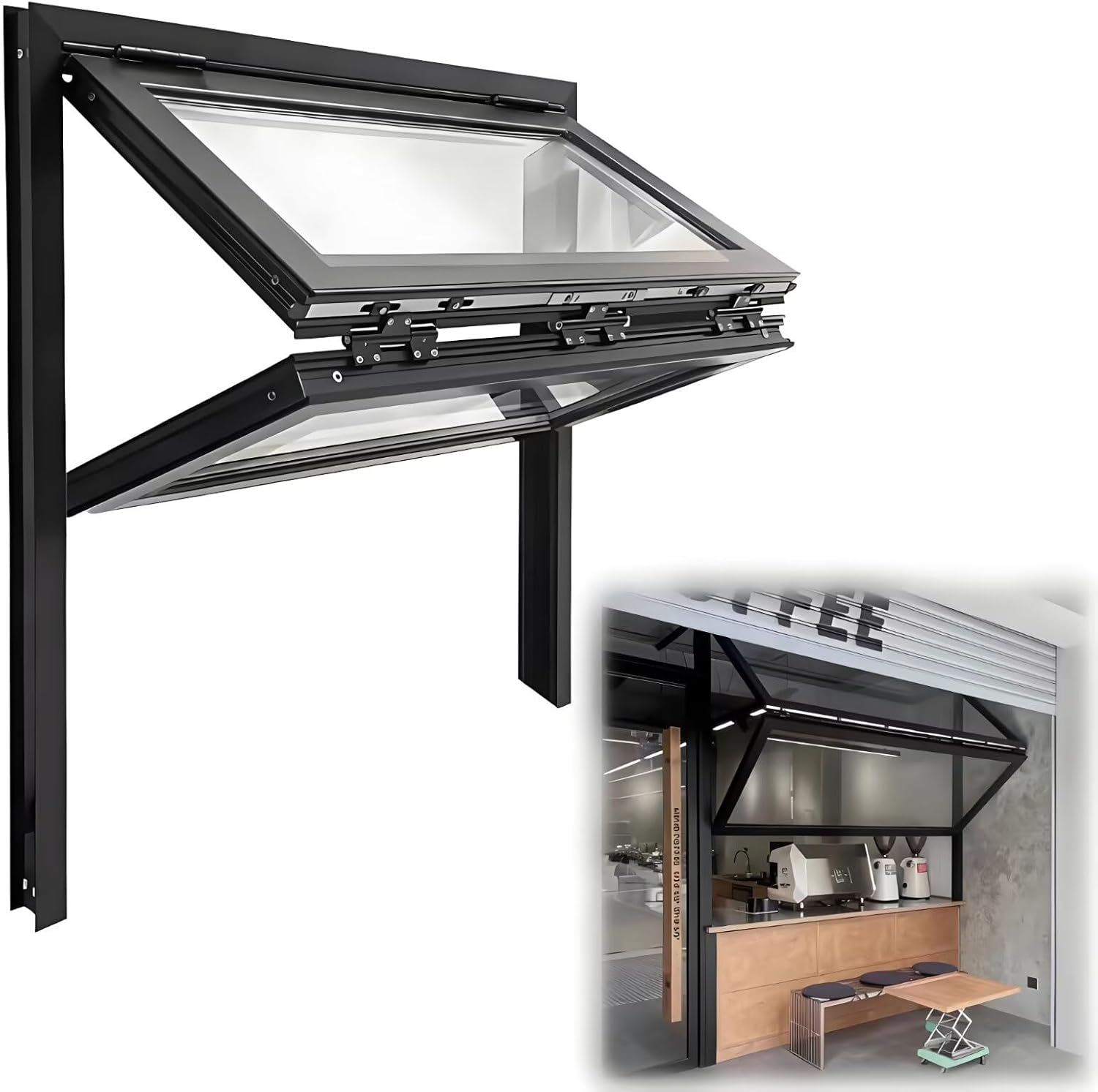 Folding Concession Serving Window with Glass & Lock, Vertical Sliding Double Hung Aluminum Frame Window for Food Truck, Vending Stand, Business Kitchen Use, Black(WxH 48x48in/121.9x121.9cm)