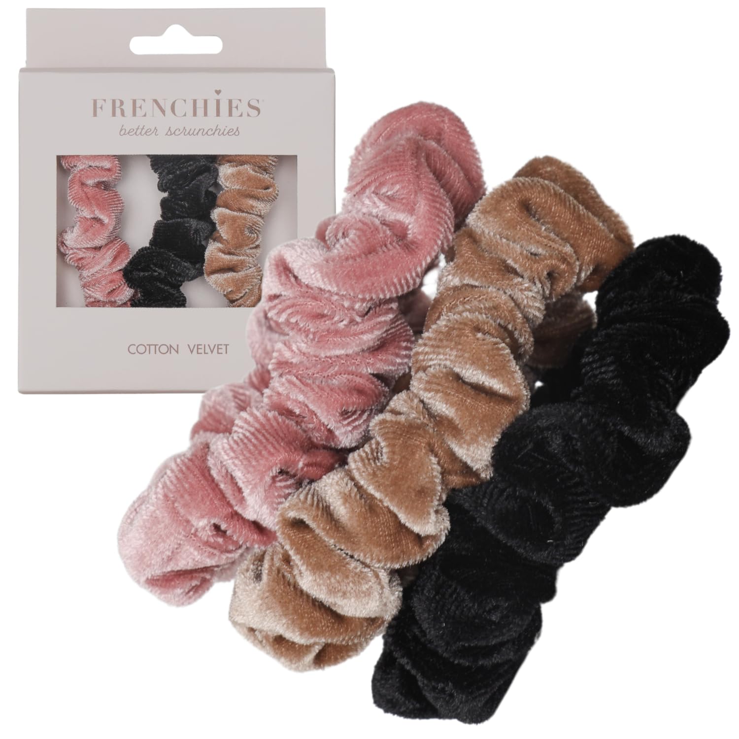 Frenchies Better Scrunchies, 90% Cotton Velvet No Slip Hair Ties for Fine to Medium Hair, Super Grip Hold for Buns Ponytails Braids Updos, 3 Pack, Pink Beige Black, Small