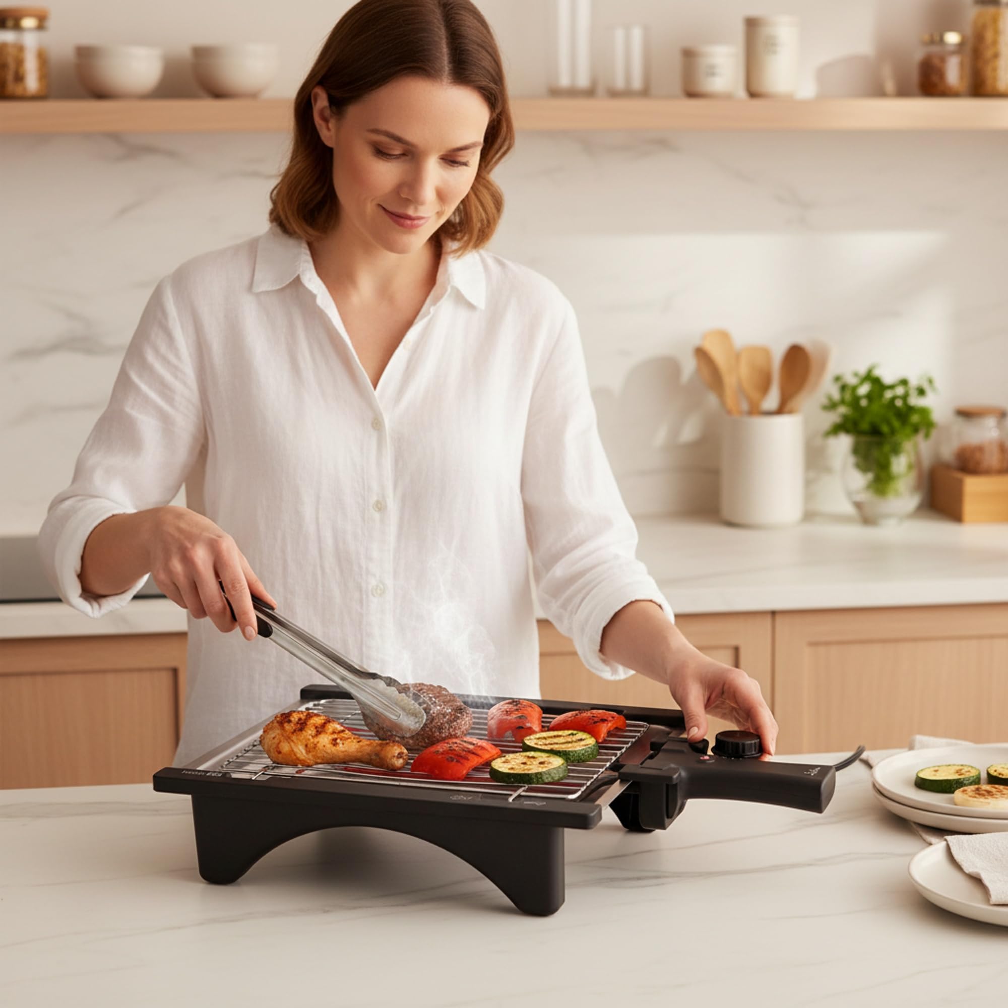 Jata - BQ95 - Barbecue elettrico perfetto per due persone, senza fumo e senza odori, smontabile, con 2 altezze, vassoio in acciaio inox, cucina sana con acqua