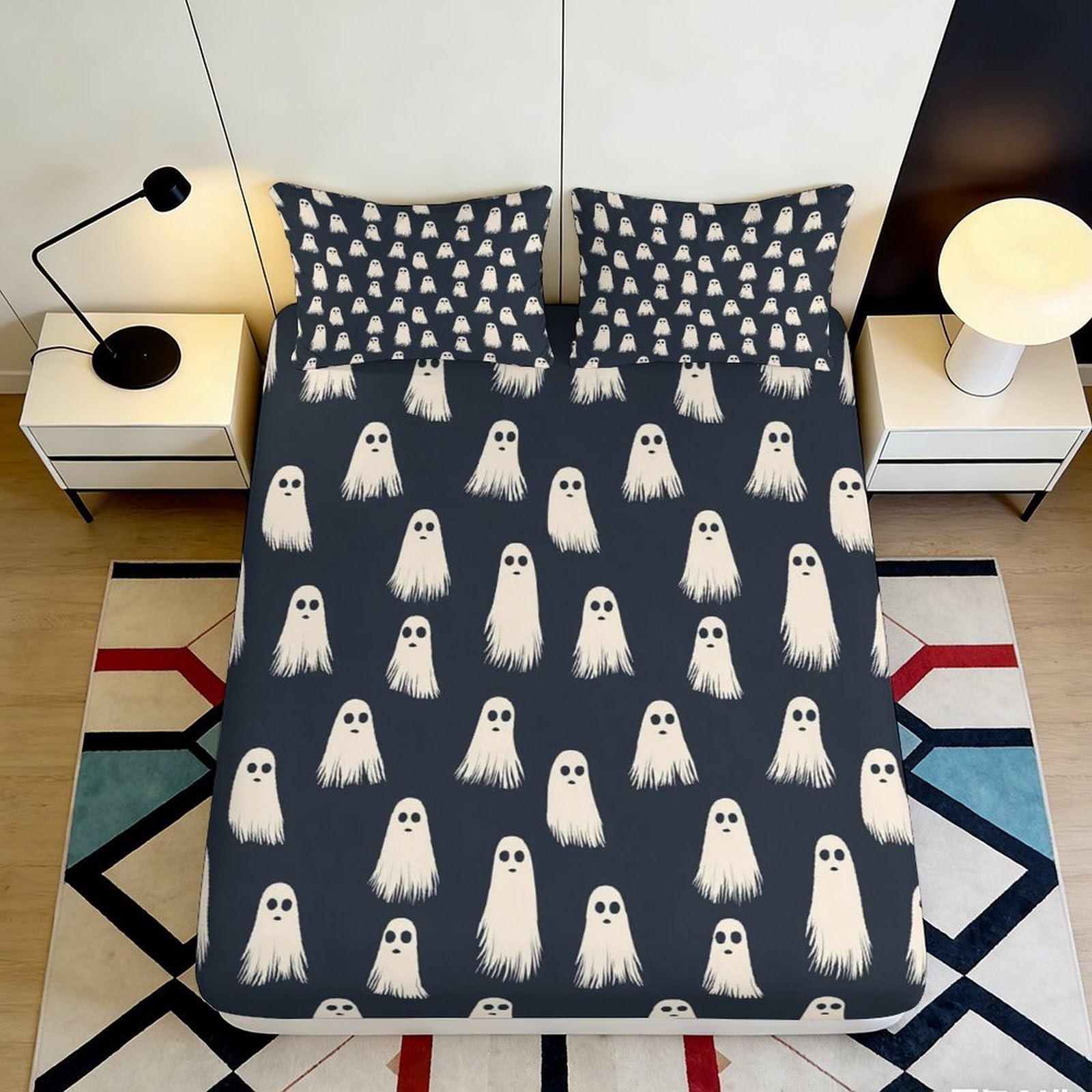 3D Printed Ghost Pattern Fitted Sheet Microfiber Deep Pocket Non-Slip Bedding Ghost Mattress Fitted Cover Elastic Hem for Adults Teens 200x200x25cm 90x200x25cm