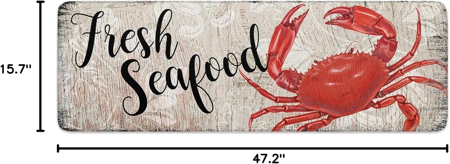 Indoor Door Mat,Retro Red Crab Wood Grain Soft Non-Slip Absorbent Kitchen Rug,Coastal Ocean Marine Life Floor Mat Entrance Rugs for Bedroom Living Room 16x47In