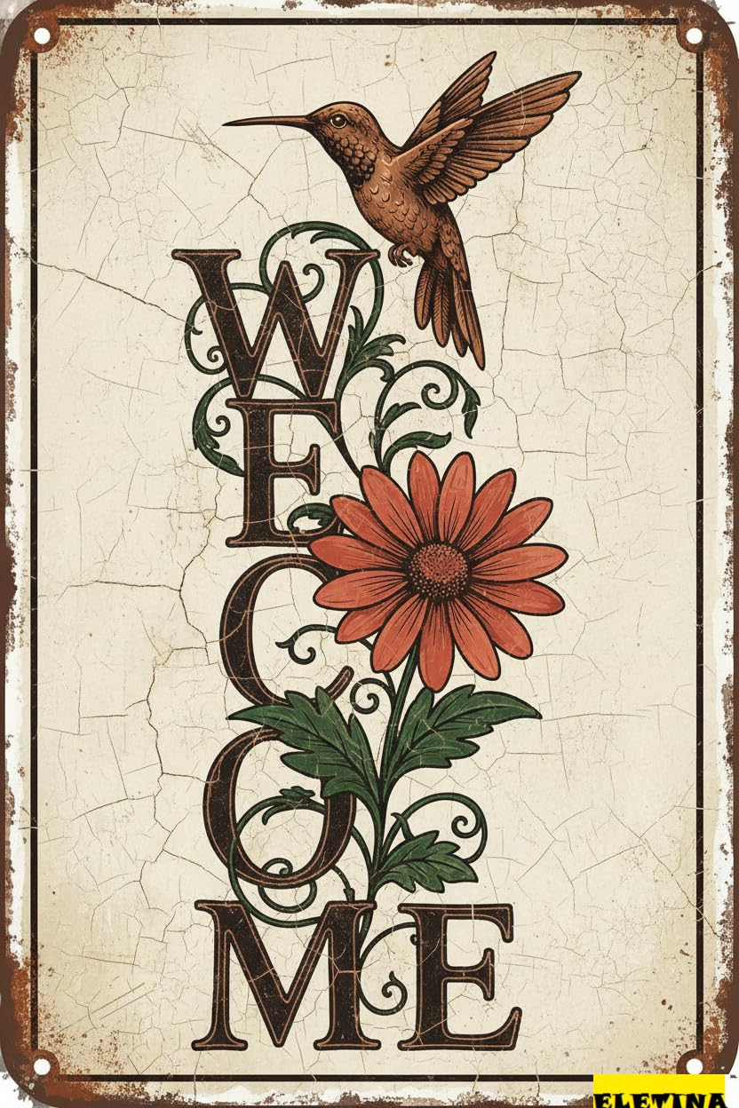 Vintage Metal Tin Sign for Man Cave Hummingbird Welcome Private Property Decorative