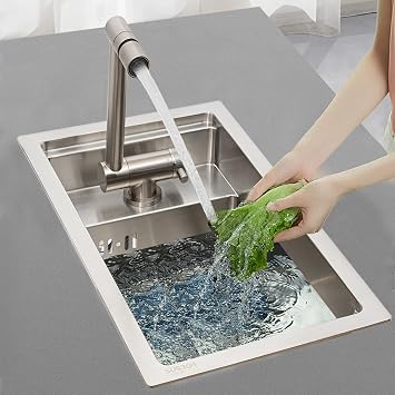 304 Stainless Steel Workstation Sink, 16.9W"9.8"D8.7"H Drop-In Bar Sink Kitchen Sinks with Foldable Faucet for Kitchen, Bar