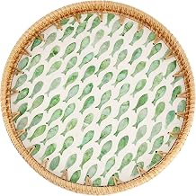 Round Rattan Serving Tray, Coffee Table Tray with Mother of Pearl Inlay, Exquisite Wicker Basket for Coffee, Bread, Fruits, Snacks, Table Decor Round Green Fish, 11.8"