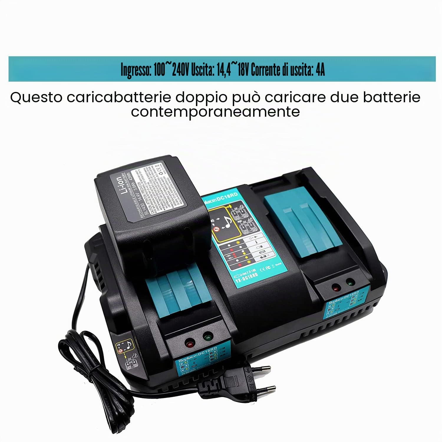DC18RD 4A doppio caricatore Sostituzione per Makita 18V Li-ion Batteria BL1850B BL1840 BL1840B BL1830 / Sostituzione per Makita 14.4V Batteria BL1415 BL1430 BL1440 DC18RC
