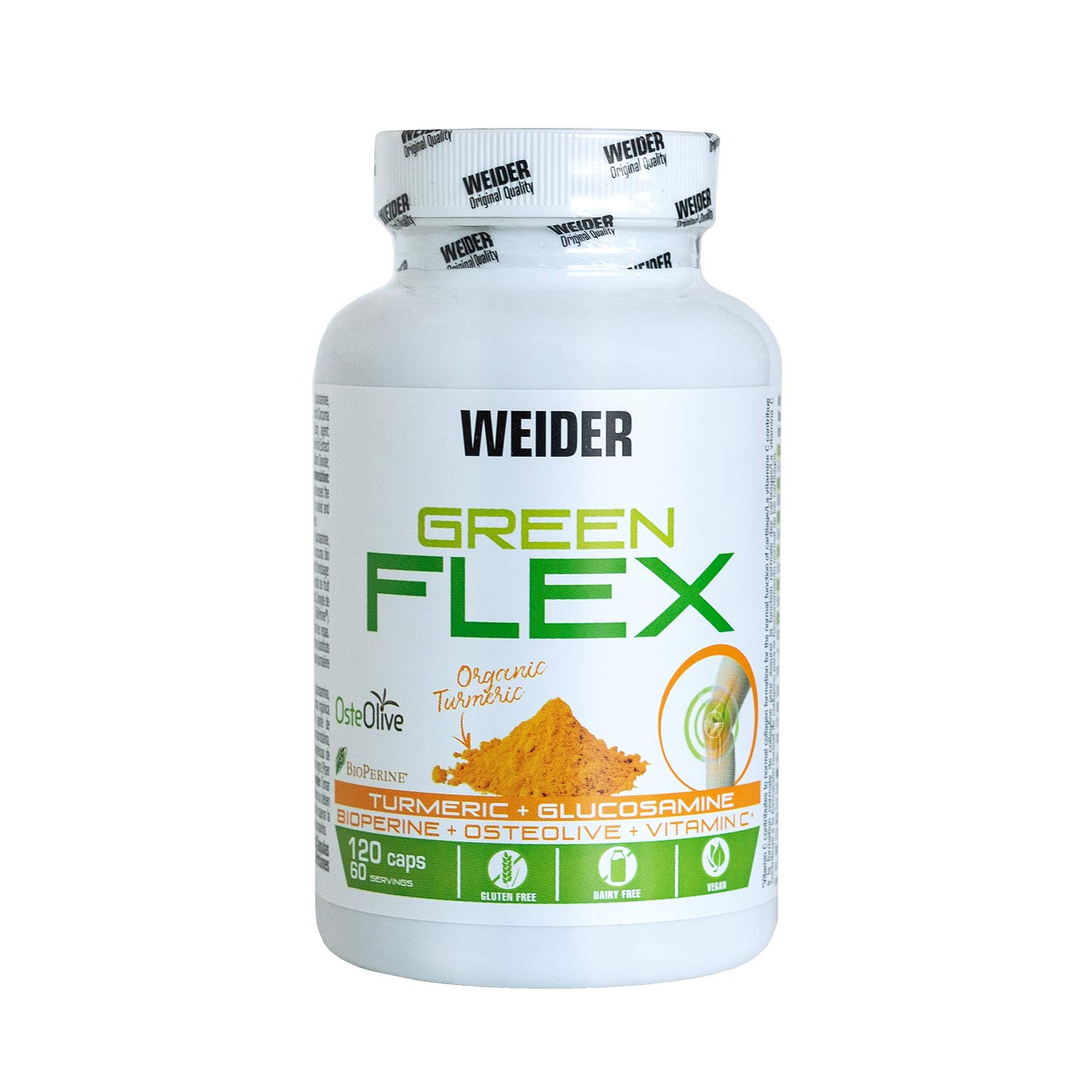 Weider Green Flex (120 caps). Joint Protector 100% Vegan, with Turmeric, Olive Fruit and Black Pepper Extract. with Glocosamine and MSM. with Vitamin C. (60 Servings)
