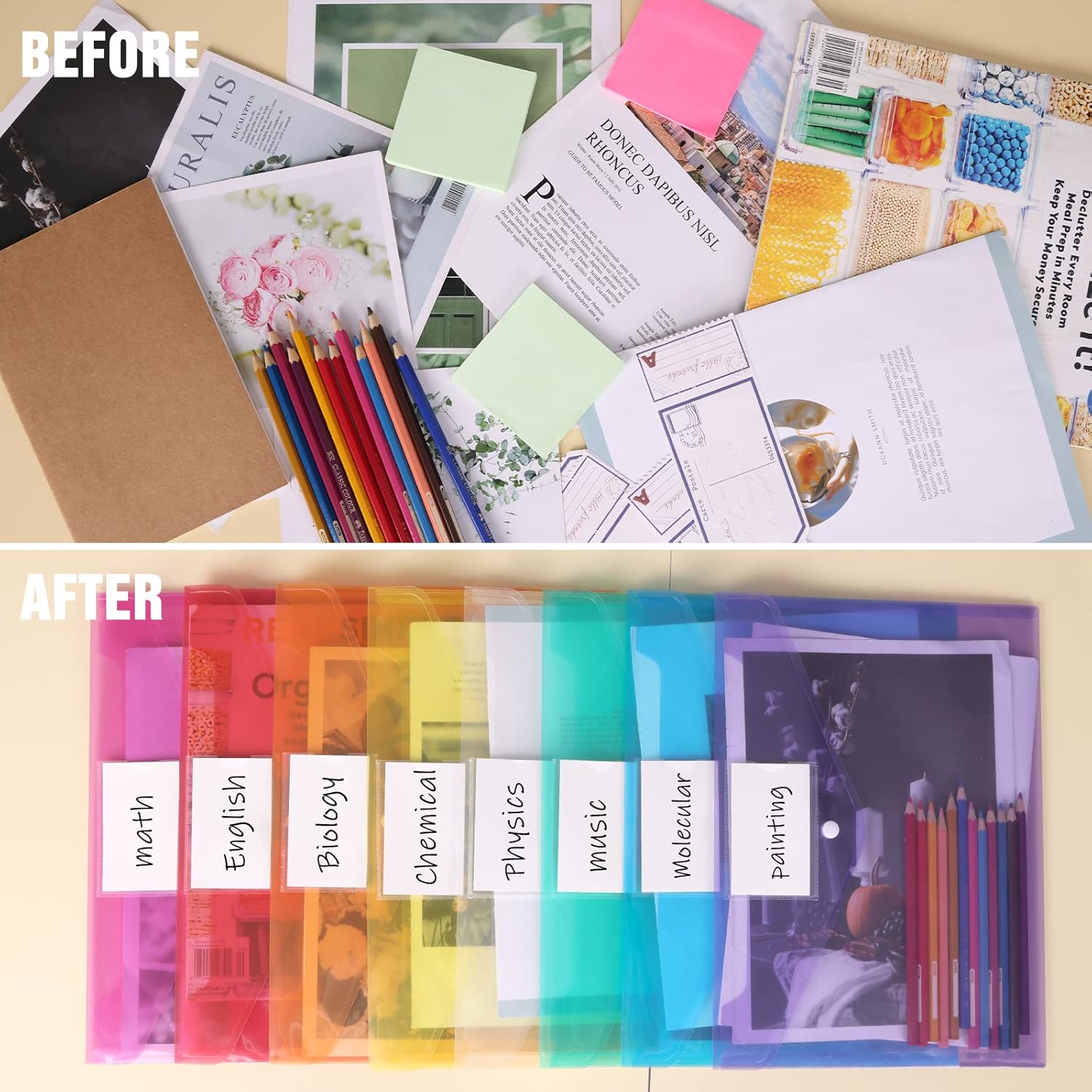 EOOUT 48pcs Plastic Envelopes Poly Envelopes, Clear Document Folders with Snap Button Closure, Letter Size, A4 Size with Label Pocket for School Home Work Office Organization, 8 Colors : Office Products