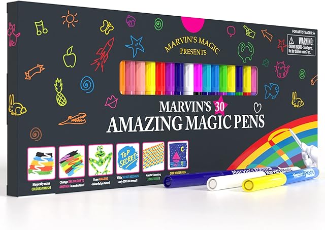 Marvin's Magic - Amazing Magic Pens - Colour Changing Magic Colouring Pens Set - Create 3D Lettering or Write Secret Messages - Magical Art Supplies (30 Pens)