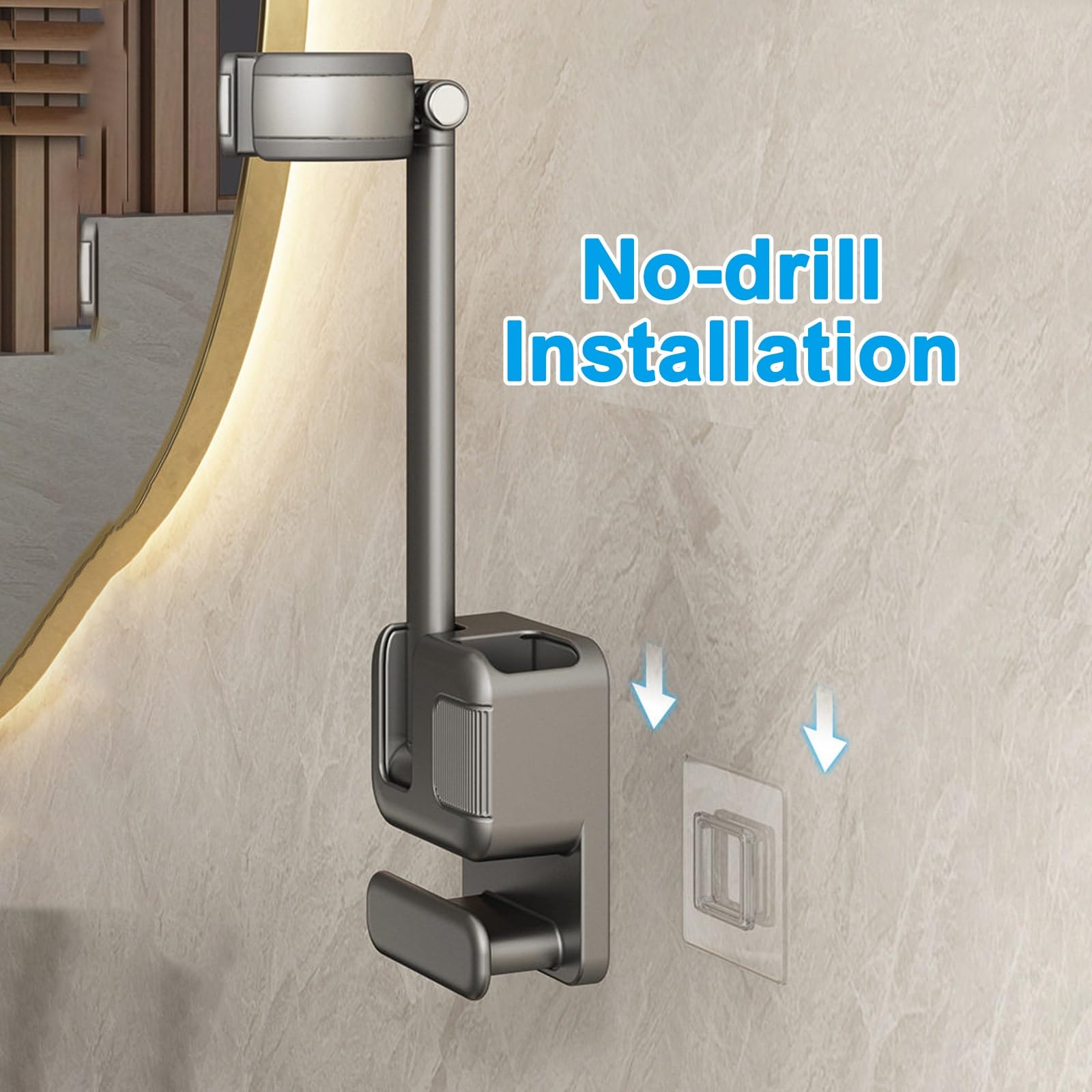 Soporte Secador de Pelo Manos Libres, Ángulo Ajustable, Soporte de Pared para Secador de Pelo, No Requiere Perforaciones, para Baños y Tocadores(Gray)