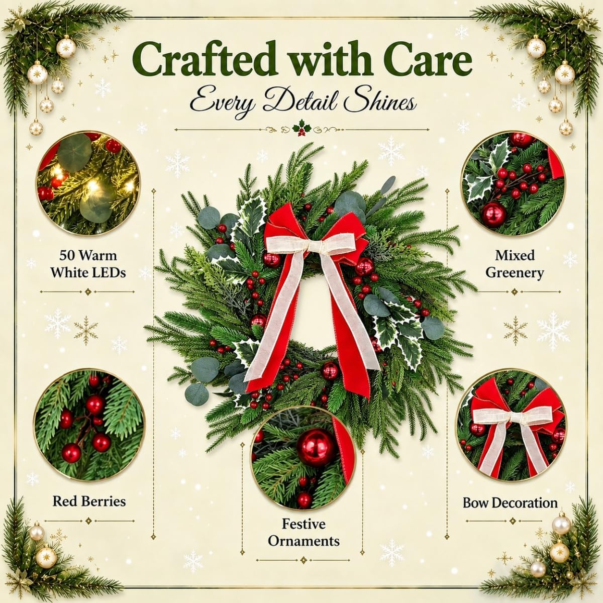 Christmas Wreath with Lights 24", Christmas Wreaths for Front Door, 50 LED