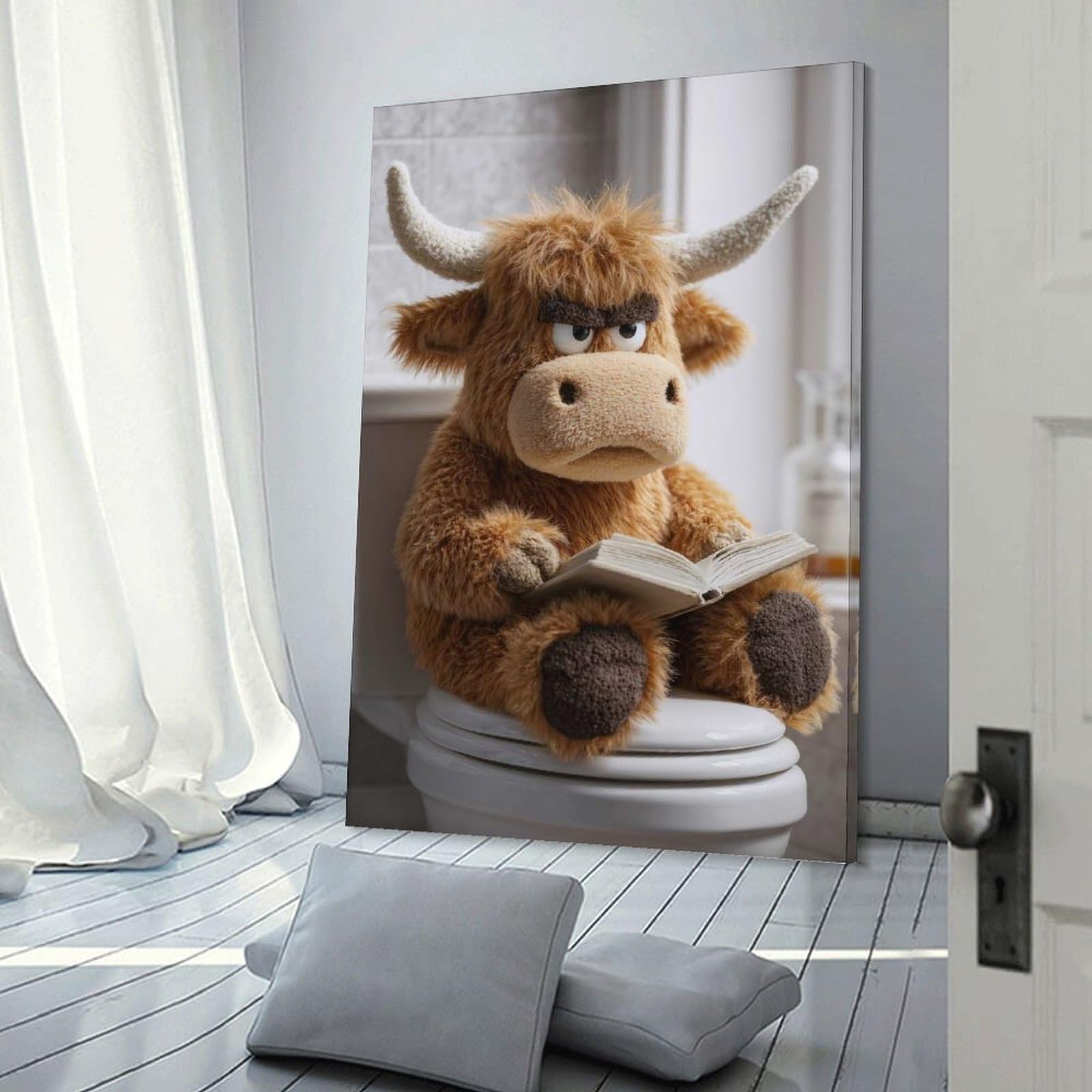 Junmoney Grumpy Highland Cow Reading on Toilet Canvas Wall Picture, 08x12inch(20x30cm), for Wall Displays, Bedrooms Or Room Updates, Wall Decor Suited to Curated Displays