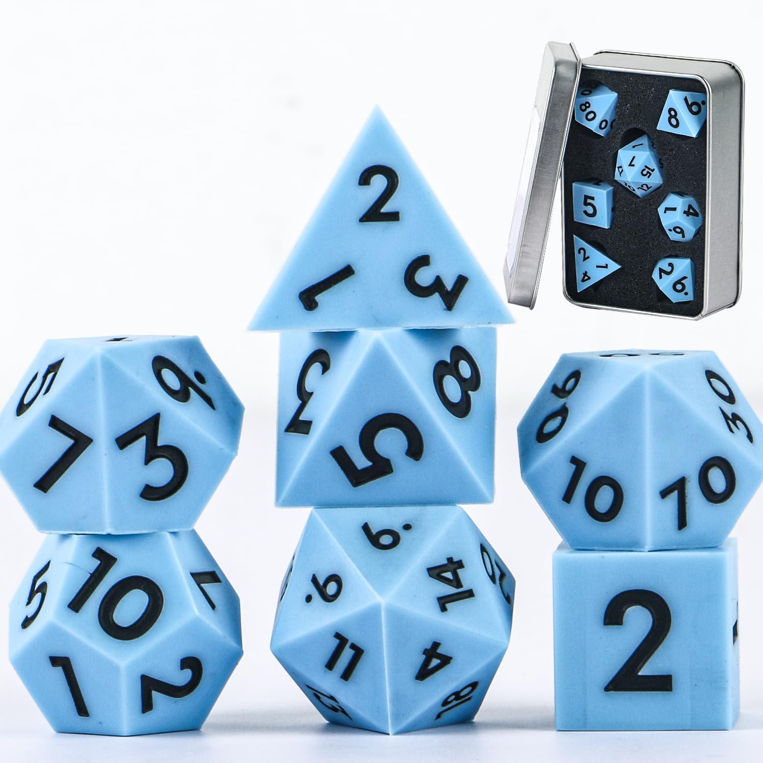 DND Zestaw kości do gry w kości Sharp Edge, 7-częściowy, DND, wielościenne, ze złotym liściem, wykwintne blaszane pudełko, idealne do Dungeons & Dragons RPG i gier planszowych (niebiesko-czarny