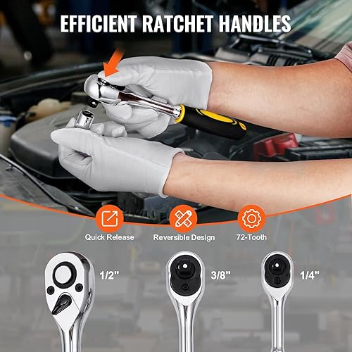 Miniatura 53 de VEVOR Juego de herramientas mecánicas, llaves profundas y estándar de 1/4 de pulgada, 3/8 pulgadas y 1/2 pulgadas, SAE/Métrica, 205 piezas