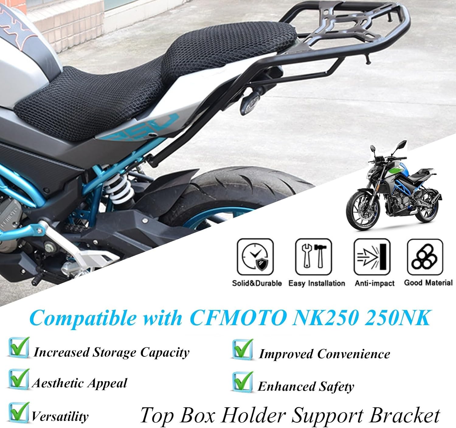 Motorcycle Luggage Rack Compatible with CFMOTO CF Moto NK250 250NK Rear Tail Storage Rack Cargo Carrier Top Box Holder Support Bracket Extended Seat Shelf Motorbike Accessories