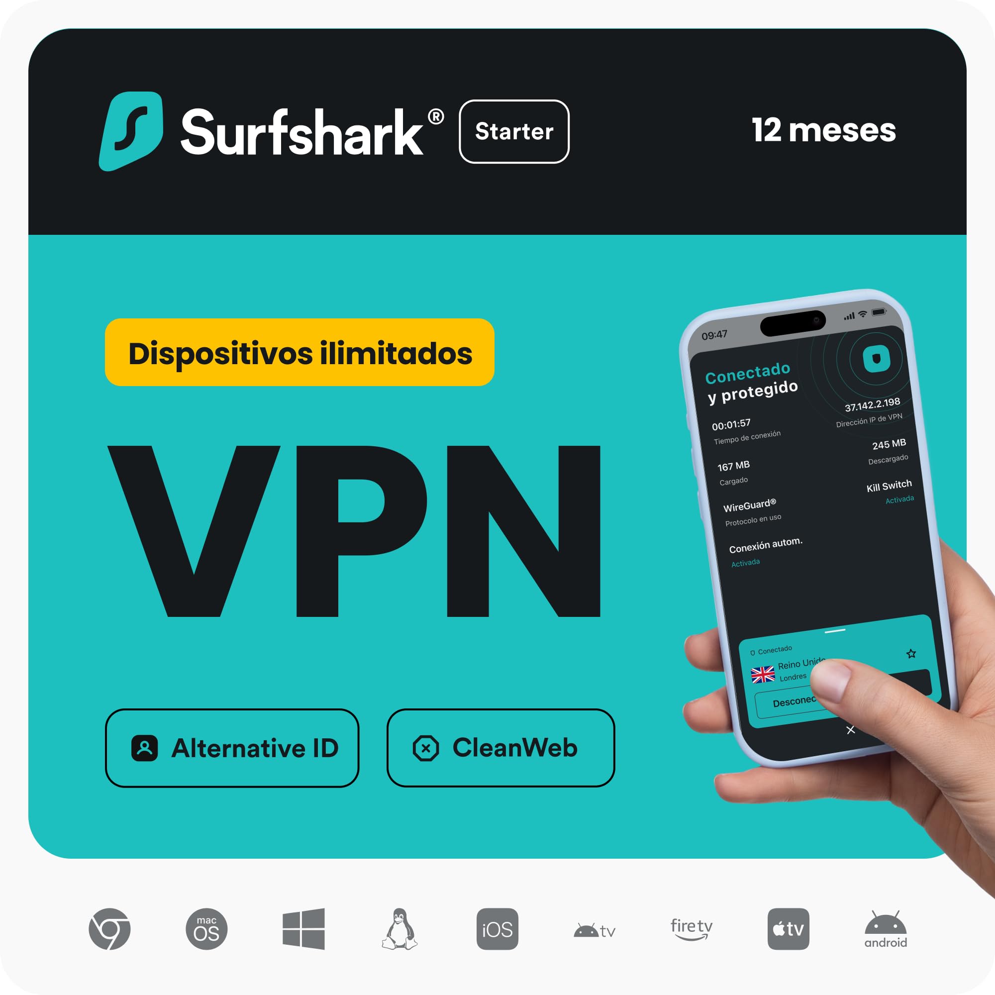 Surfshark Starter, VPN, Starter, 12 Meses, Código Digital
