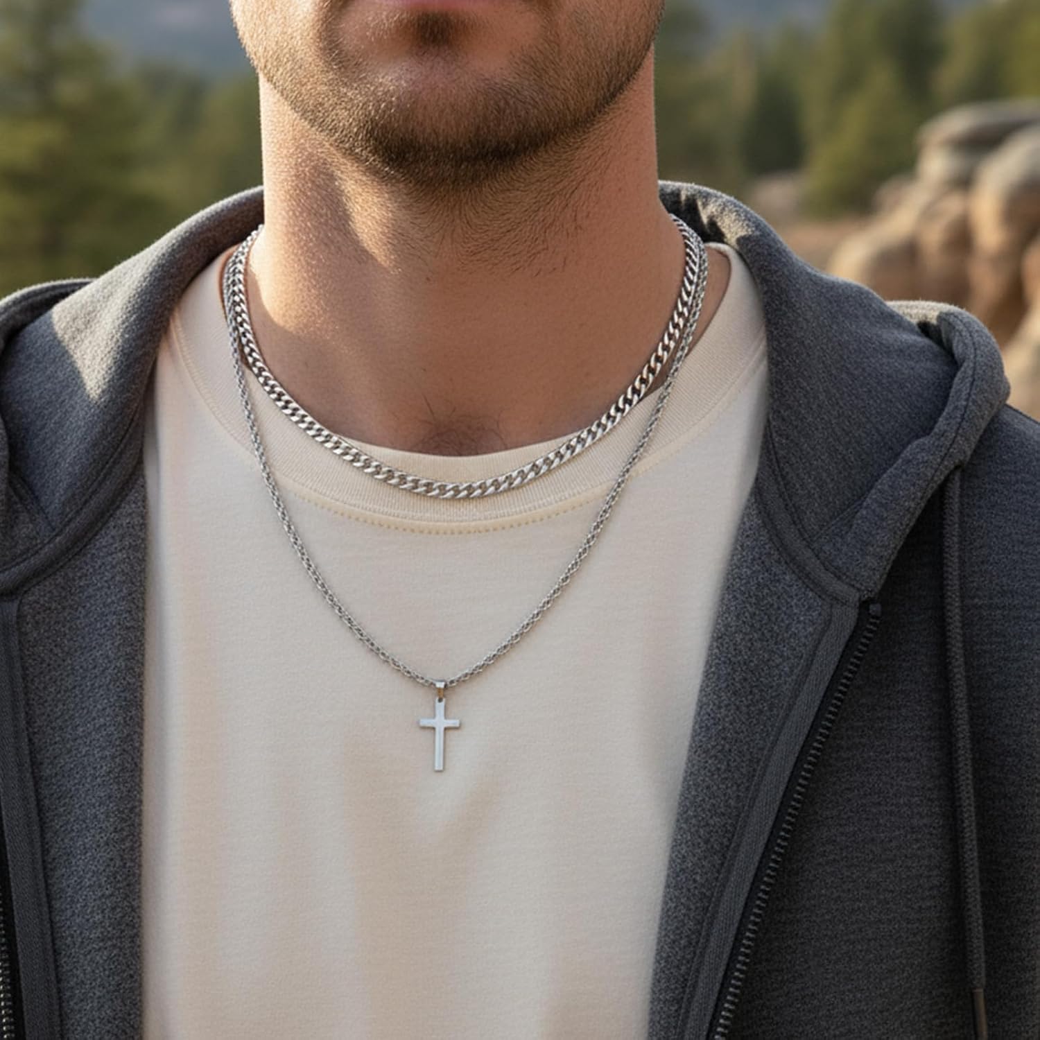 2 Pcs Stainless Steel Cross Pendant Cross Necklace for Men Layered Cuban Link Rope Chain for Mens Silver Black Jewelry Gifts Christmas - Image 6