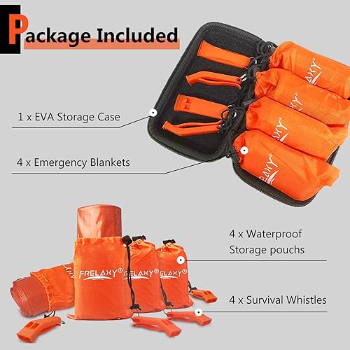Vista 28 de Frelaxy Paquete de 2/4 mantas de emergencia, extra gruesas, extra grandes, con silbatos, bolsas de almacenamiento y funda de EVA Naranja - Paquete