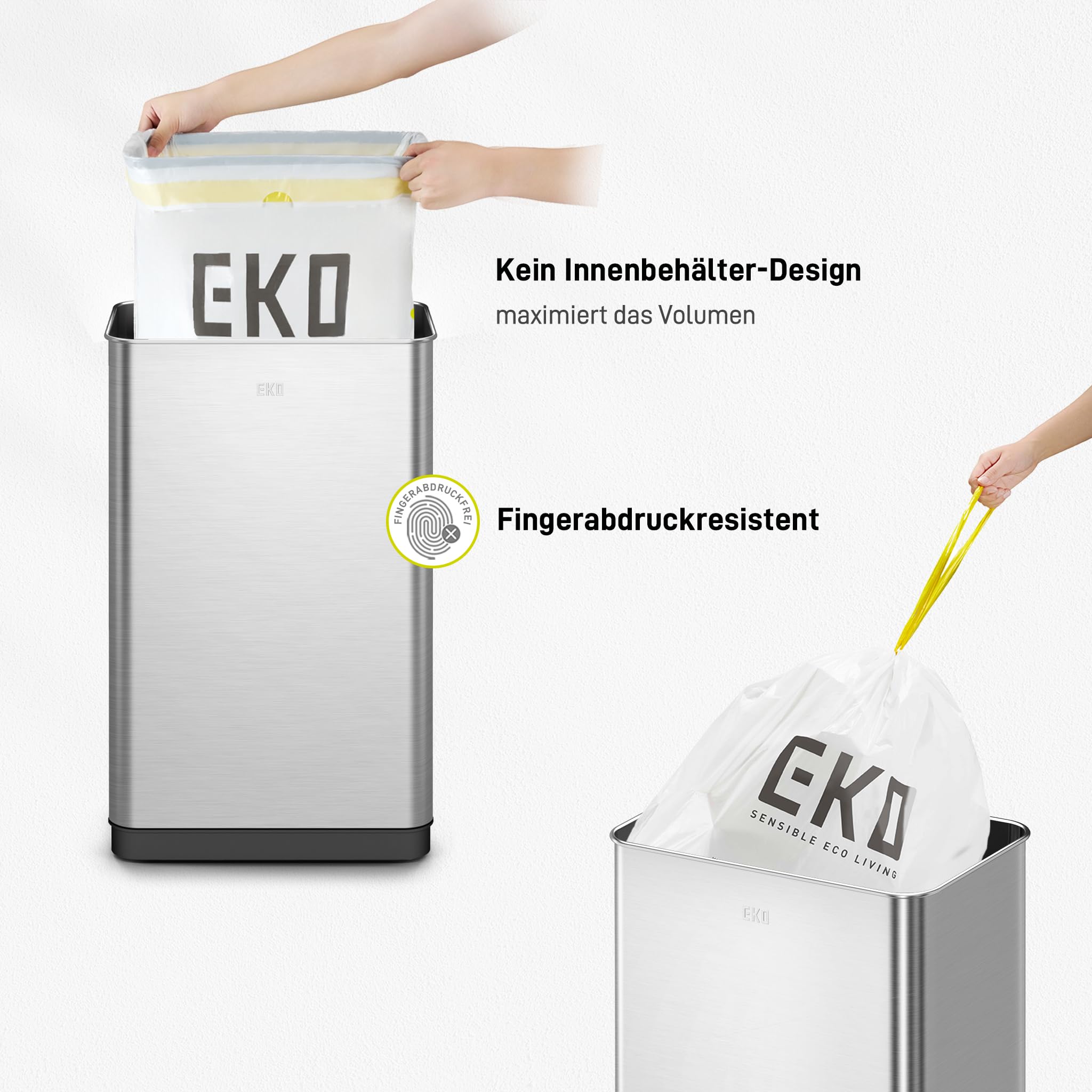 EKO Mirage-T 50L Mülleimer mit Sensor, Automatischer Abfalleimer für die Küche, Rechteckiger Bewegungssensor Mülleimer, Sanft Schließend mit Deckel, Fingerabdruckresistente, Gebürsteter Edelstahl