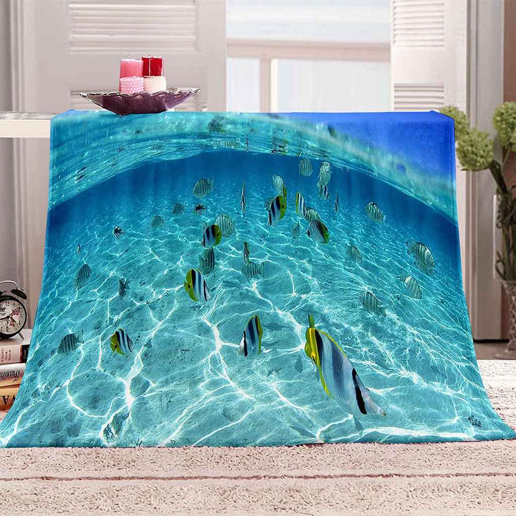 Couverture flanelle poisson bleu 150x200cm pour canapé et lit de style océan