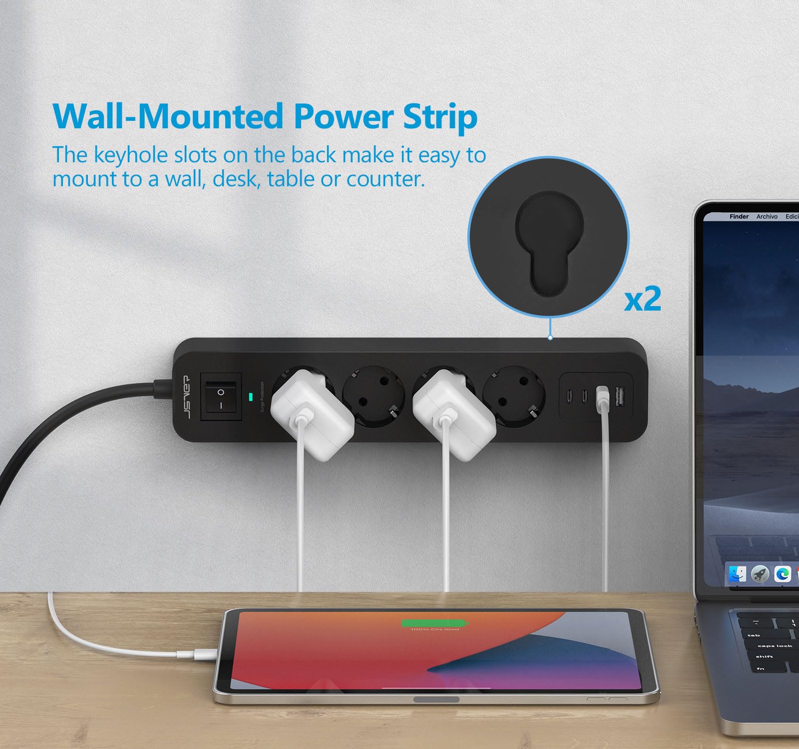 JSVER Multiprise Parasurtenseurs USB 4 Prises avec 2 Ports USB A+2 Ports USB C Chargeur (5V3,4A) Multiprises parafoudre et surtension avec Cable 2m pour Smartphone, Maison, Bureau-Noir