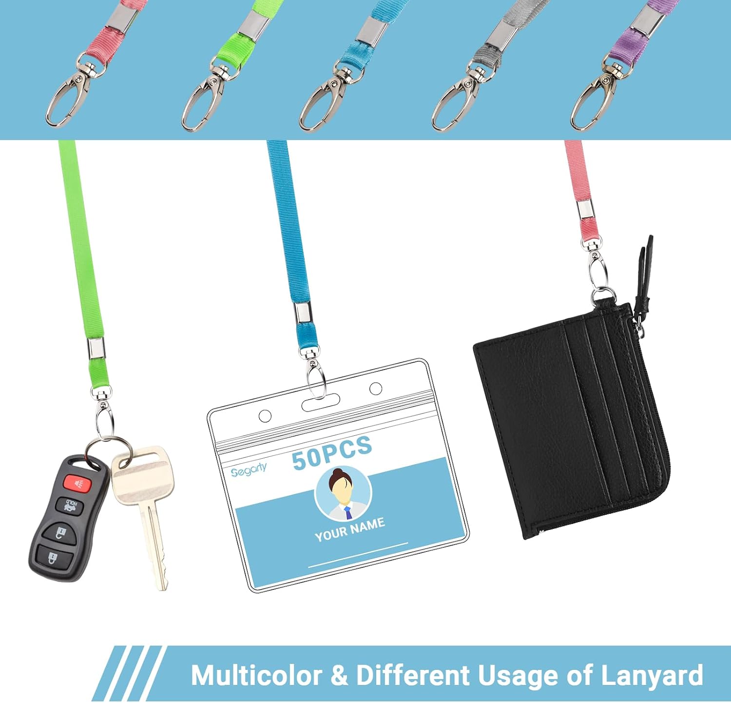 Segarty Lanyards with ID Holder, 50 Pack Plastic Clear Horizontal Name Tags Badges Holders, 5 Light Assorted Colors Lanyard for Cruise Ship Cards, Waterproof Id Card Protector for Women, Nurse, Staff