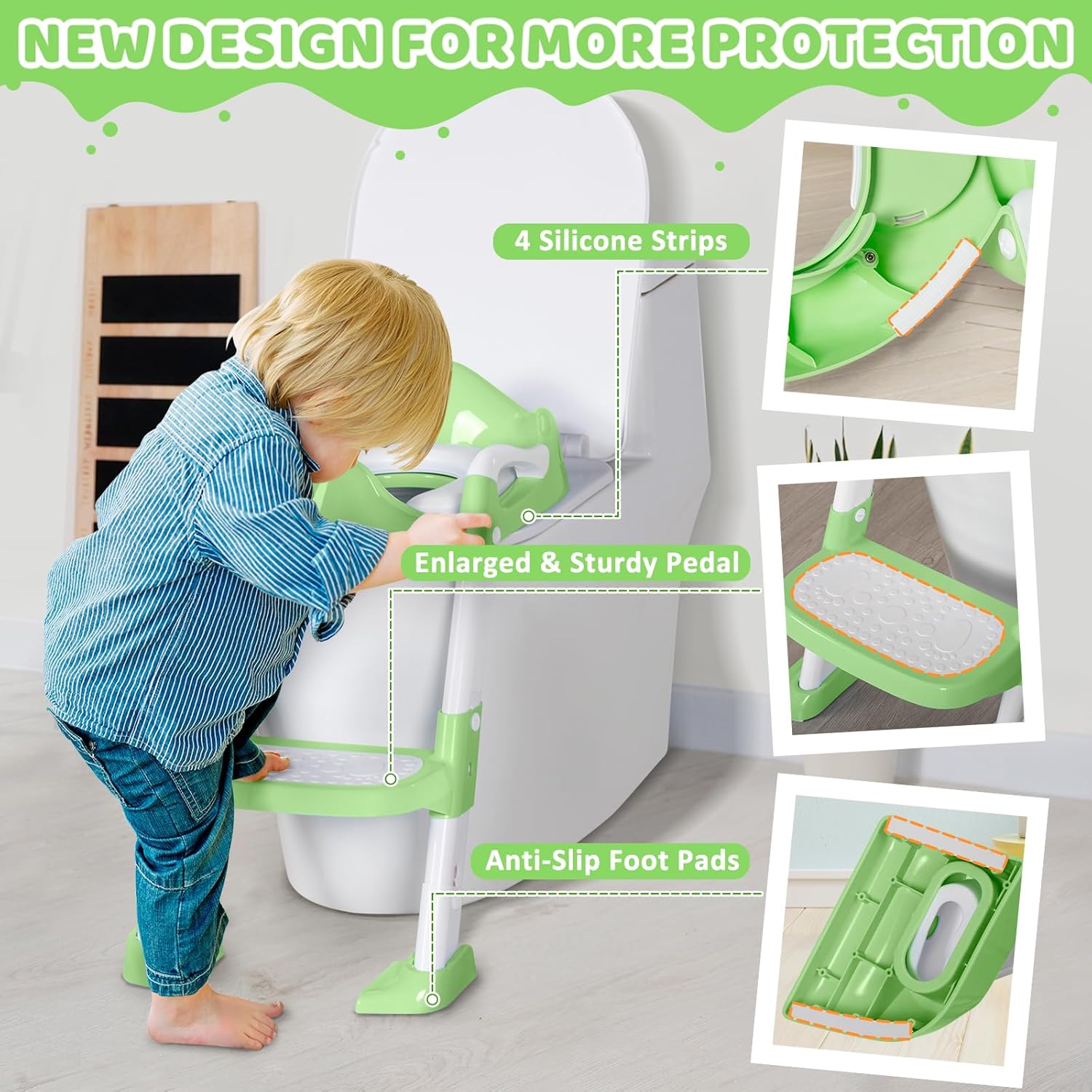 Potty Training Seat with Step Stool, Toddler Toilet Seat w/Ladder, Potty Training Chart, Splash Guard & Upgraded Non-Slip Pads, Kids Foldable Training Toilet Potty Chair for Boys Girls (Green)