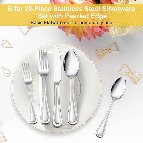 Miniatura 7 de E-far - Juego de cubiertos de cobre para 4, cubiertos de acero inoxidable con borde perlado, incluye tenedores, cucharas y cuchillos, modernos