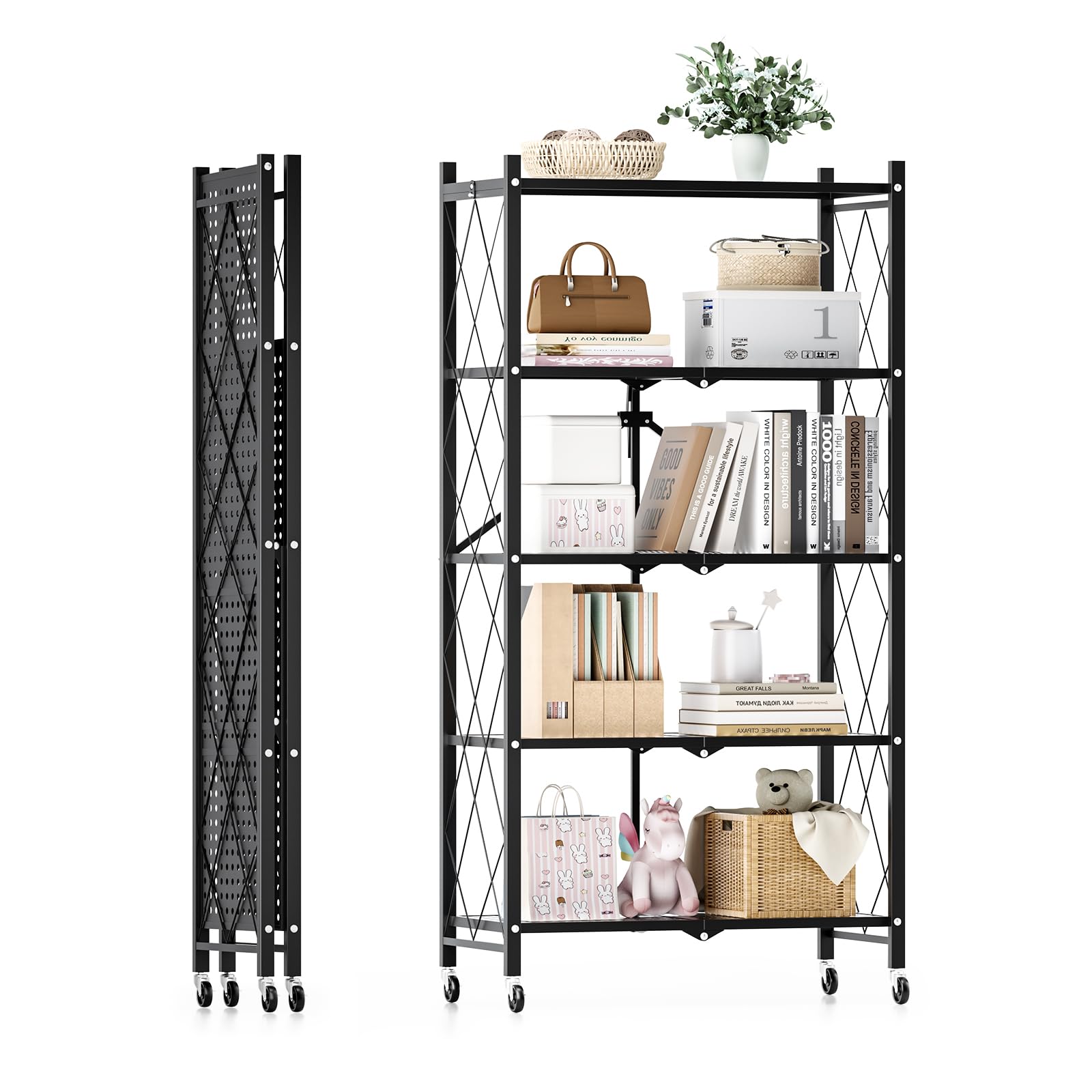 HealSmart 5-Tier Heavy Duty Foldable Metal Rack Storage Shelving Unit with Wheels Moving Easily Organizer Shelves Great for Garage Kitchen Holds up to 1250 lbs Capacity, Black (HKSHLFFOLD28156405B)