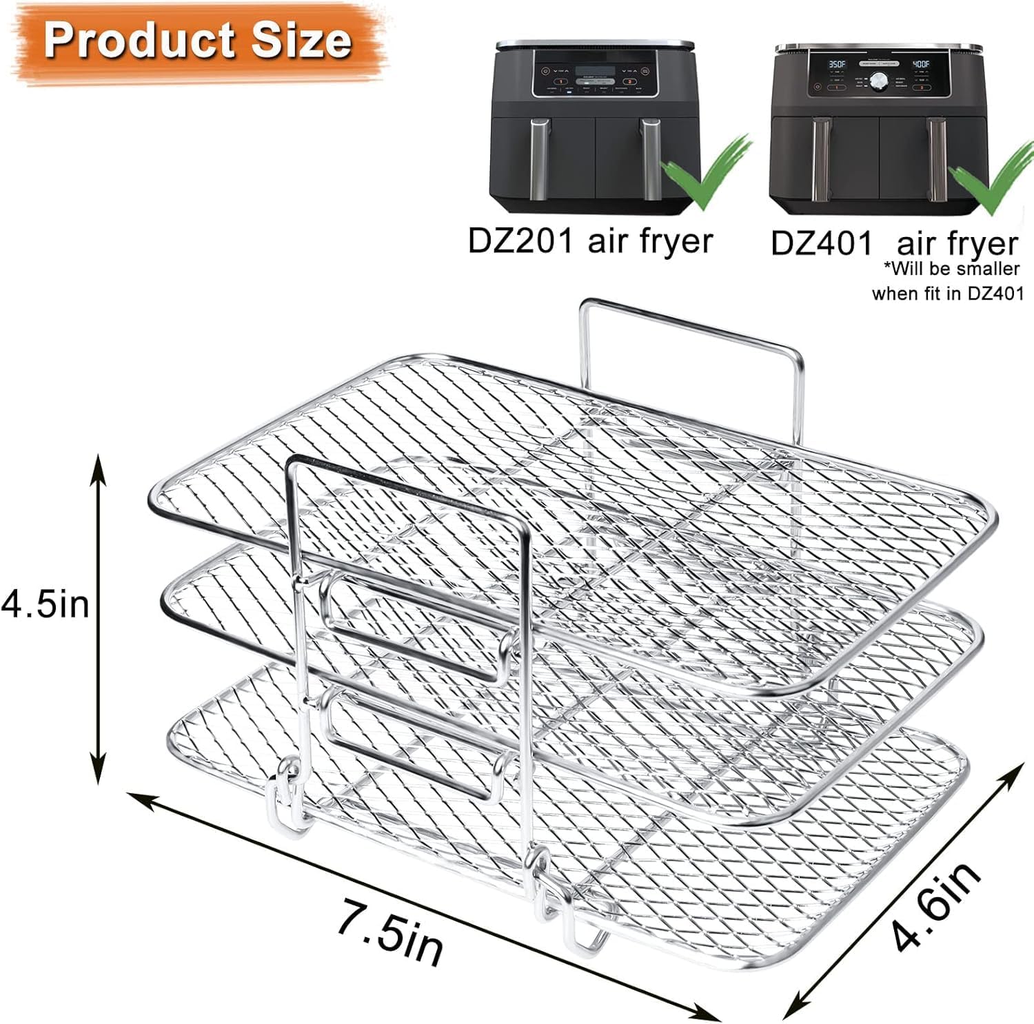 Air Fryer Rack Compatible with Ninja DZ201 DZ401 PowerXL Double Basket Air Fryers Rack, 3-Layers Rack Electric Fryer, 304 Stainless Steel Toast Rack, Multi-Layer Grill Rack, 2 Oil Brush (2 PACKS)