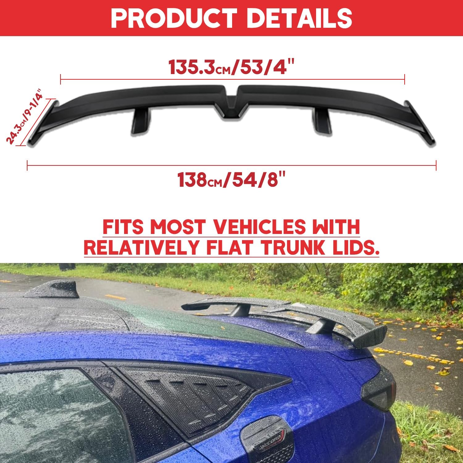 Car Universal Rear Spoiler GT Trunk Top Wing Compatible with Volkswagen Mazda Honda Chevy Camaro Corvette Ford Mustang Chrysler Toyota Nissan Sentra Kia Models (54"-Glossy Black)
