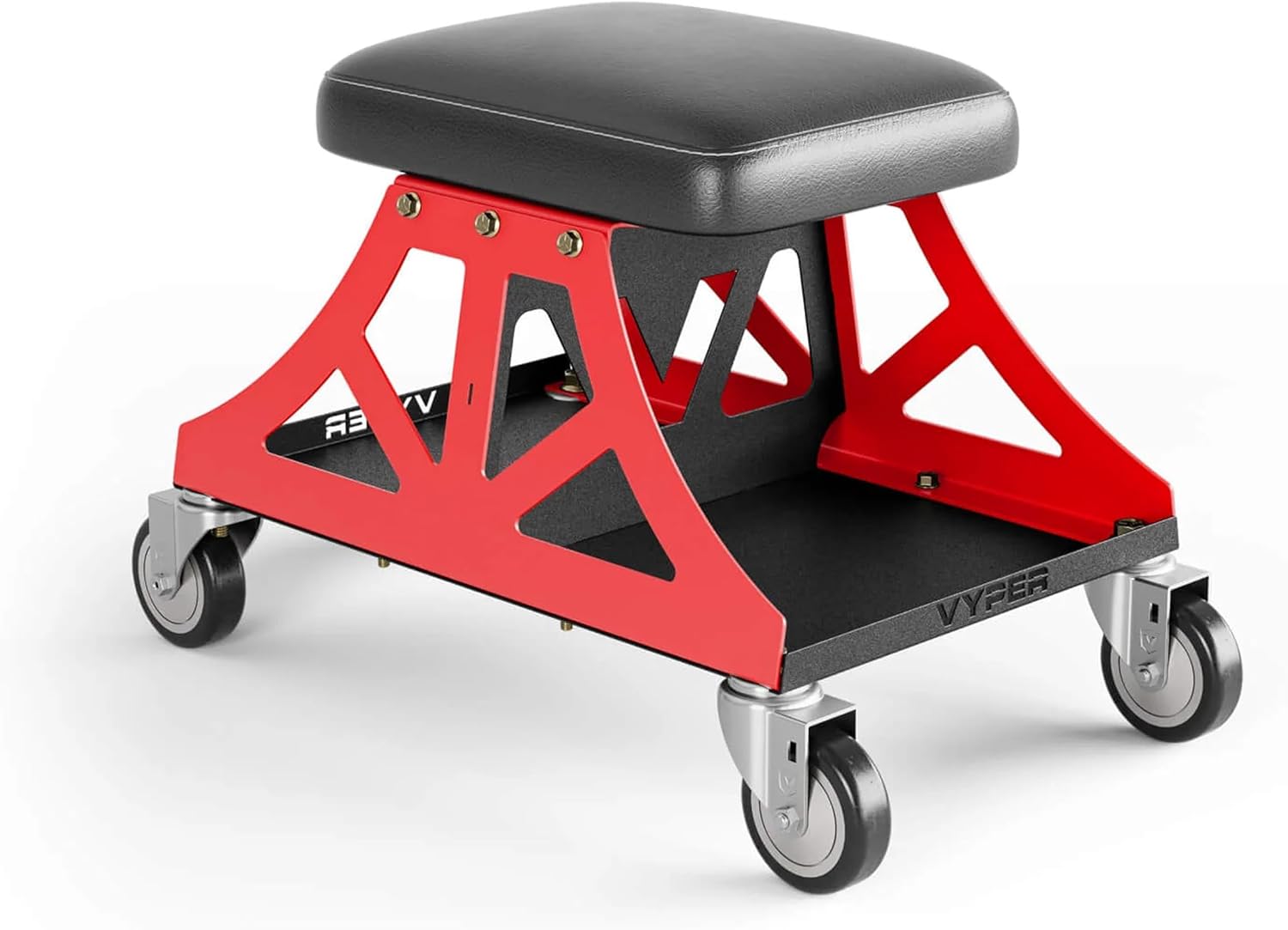 Vyper Low Pro Garage Stool with Removable Seat for Mechanics, Automotive, DIY - 400 lb Capacity Rolling Shop Chair (Black Seat, Red Frame)