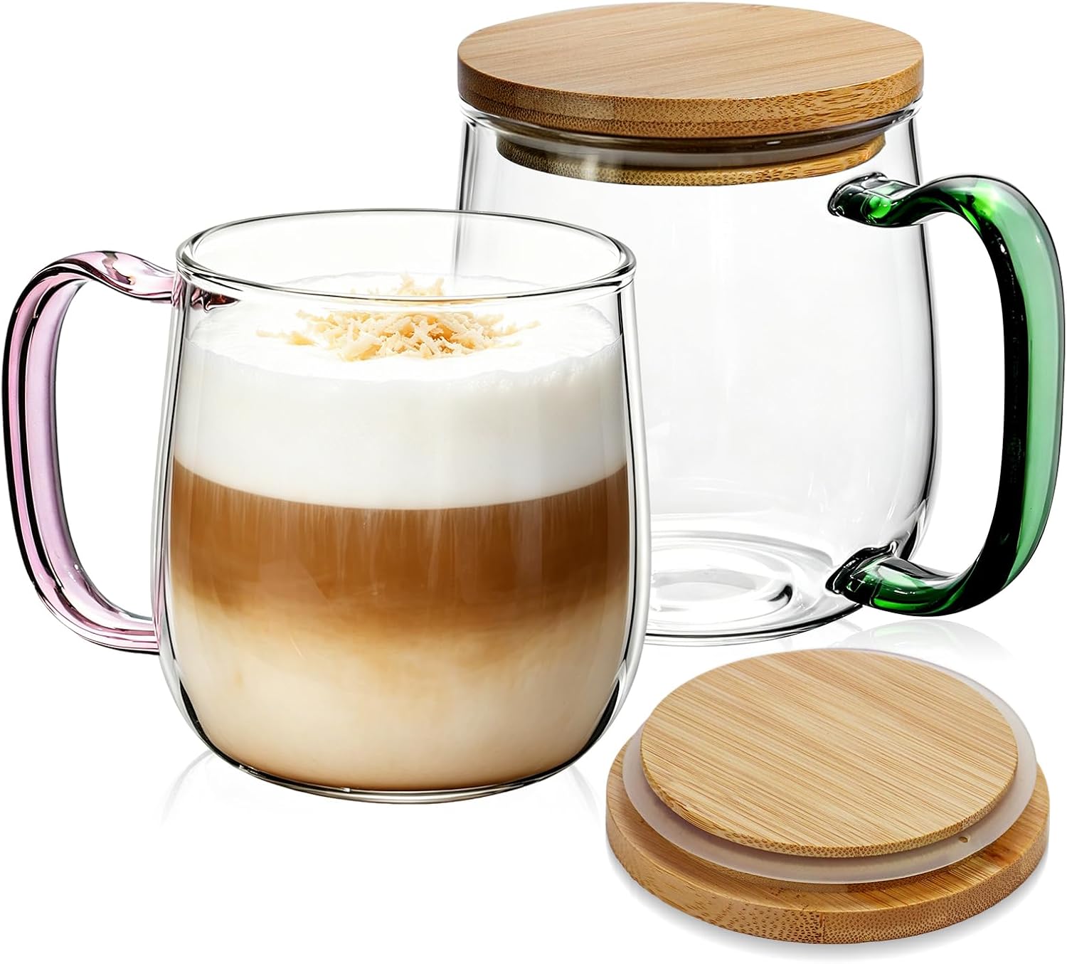 COMI 23 oz Large Glass Coffee Mugs Set of 2,Clear Coffee Cups with Colorful Handles, Hand Blown & Seamless Design, Heat Resistant and Explosion-Proof, Lightweight Tea Mugs for Home,Cafe