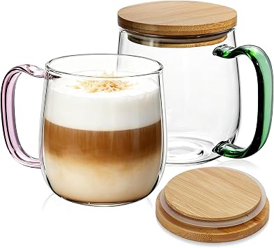 COMI 23 oz Large Glass Coffee Mugs Set of 2,Clear Coffee Cups with Colorful Handles, Hand Blown & Seamless Design, Heat Resistant and Explosion-Proof, Lightweight Tea Mugs for Home,Cafe