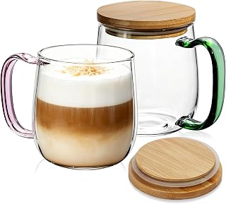 COMI 23 oz Large Glass Coffee Mugs Set of 2,Clear Coffee Cups with Colorful Handles, Hand Blown & Seamless Design, Heat Resistant and Explosion-Proof, Lightweight Tea Mugs for Home,Cafe