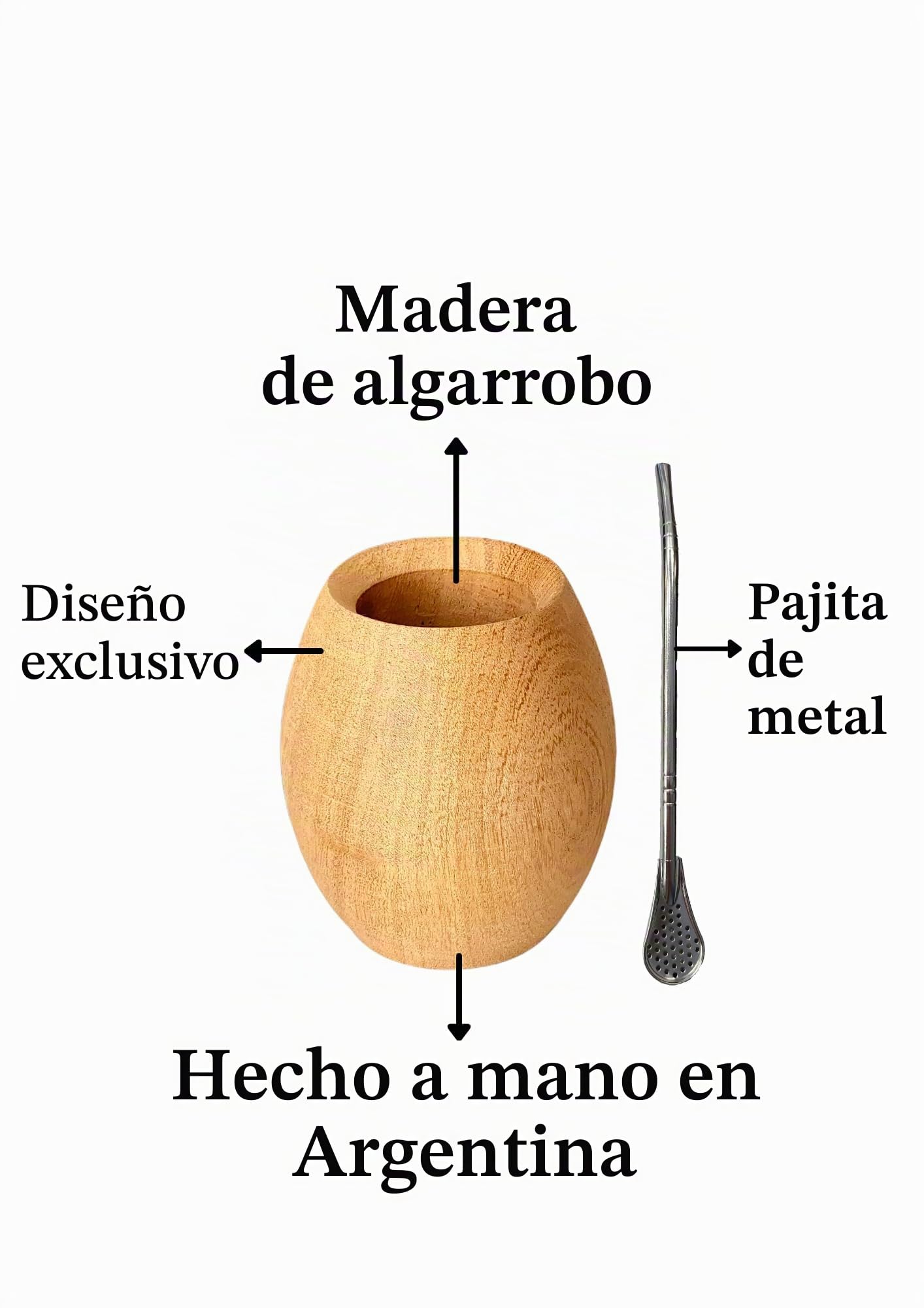 Vaso Mate Bombo Argentino Premium, Hecho de Madera de Algarrobo Natural, Tallado a Mano por Artesanos Argentinos, Calabaza de Yerba Mate Artesanal