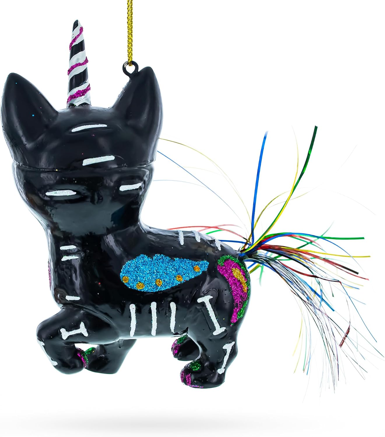 Spooky Halloween Cat Skeleton Glass Christmas Ornament