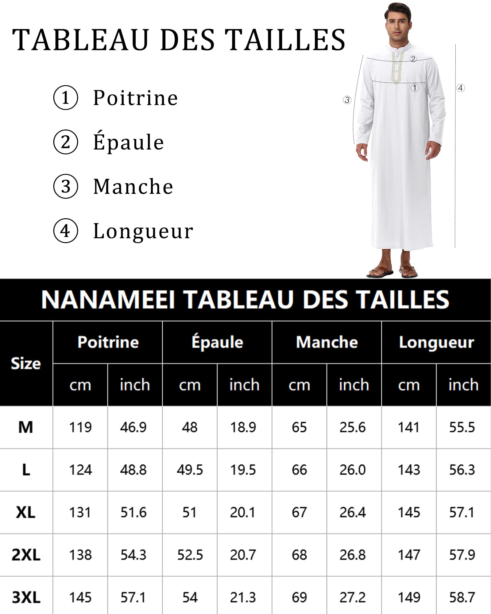 NANAMEEI Musulman Qamis Homme Manches Longues Djellaba Marocaine Abaya Caftan Robe Patte de Boutonnage Col Mao