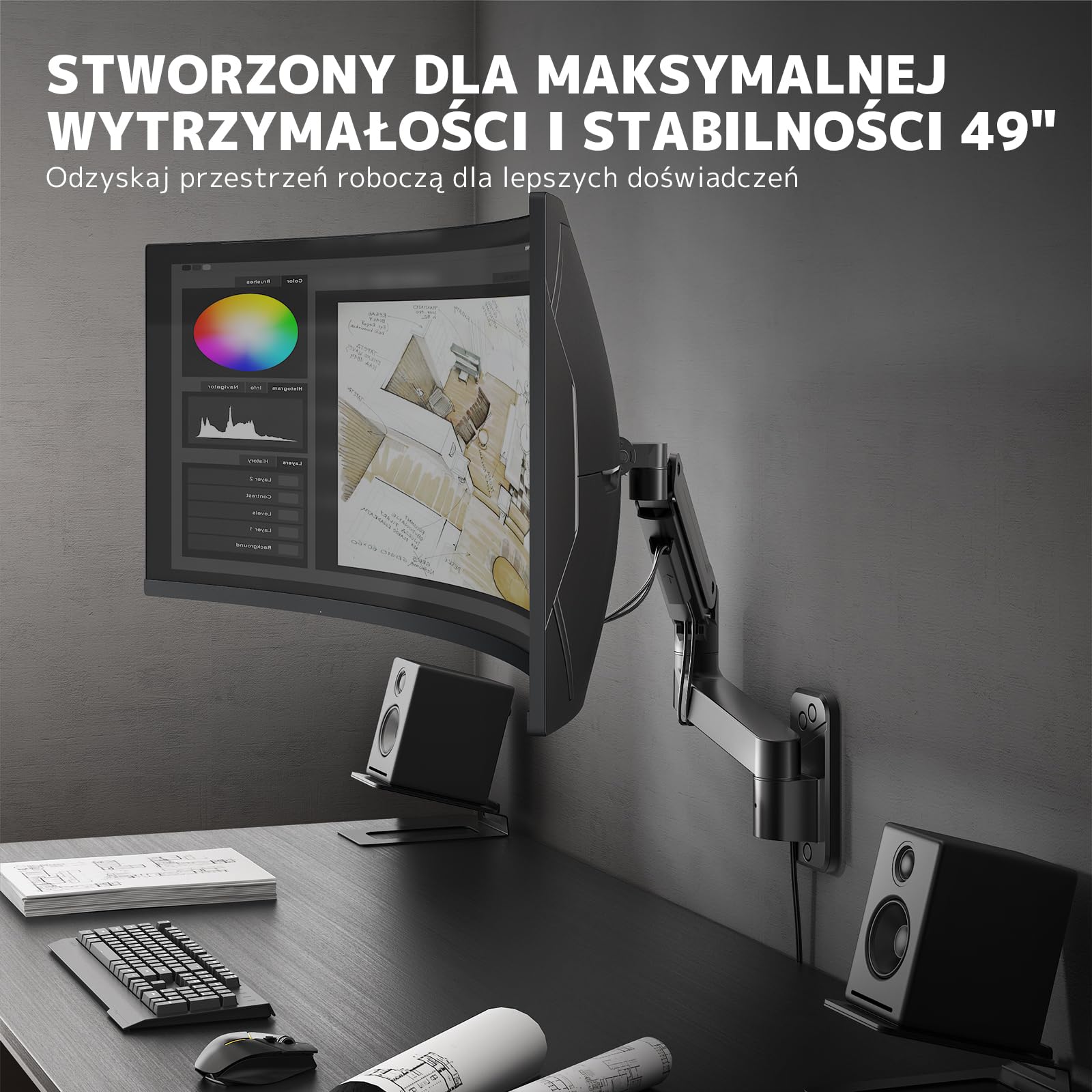 Uchwyt Ścienny do Monitora 17–49 cali, do 20 kg – VESA 75×75/100×100 – Regulacja: Pochylenie, Obrót, Rotacja & Wysokość – Wysuwane Ramię ze Sprężyną Gazową