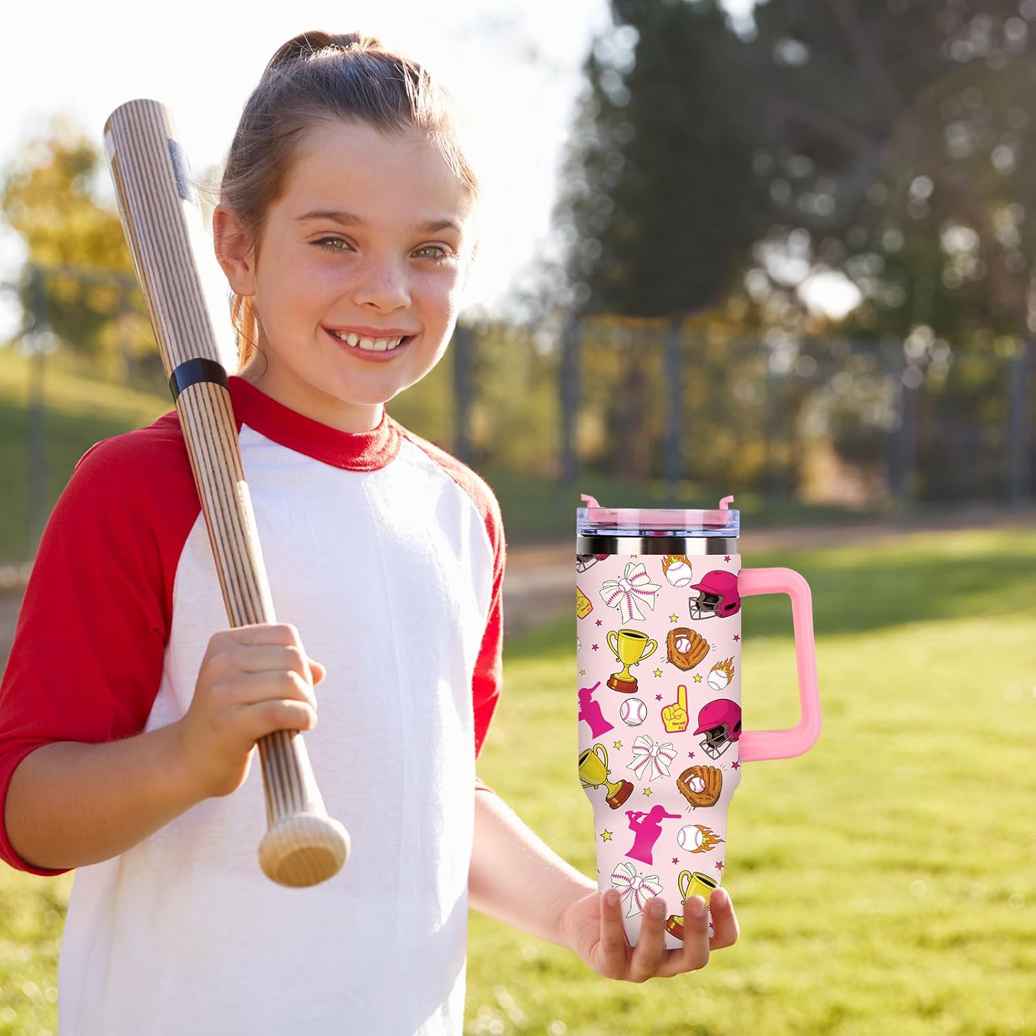 JarThenaAMCS Softball Tumbler with Lid and Straw 40oz Hot Pink Yellow Bowknot Softball Tumbler with Handle Sport Stainless Steel Cup for Christmas Home Office Travel Women Gifts - Image 5